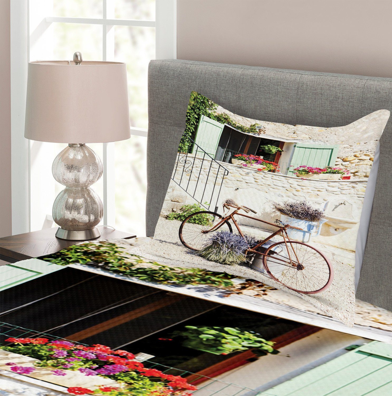 Fahrrad-Blumen-Land Kissenbezügen Tagesdecke Set mit Waschbar, Abakuhaus, Rustikal