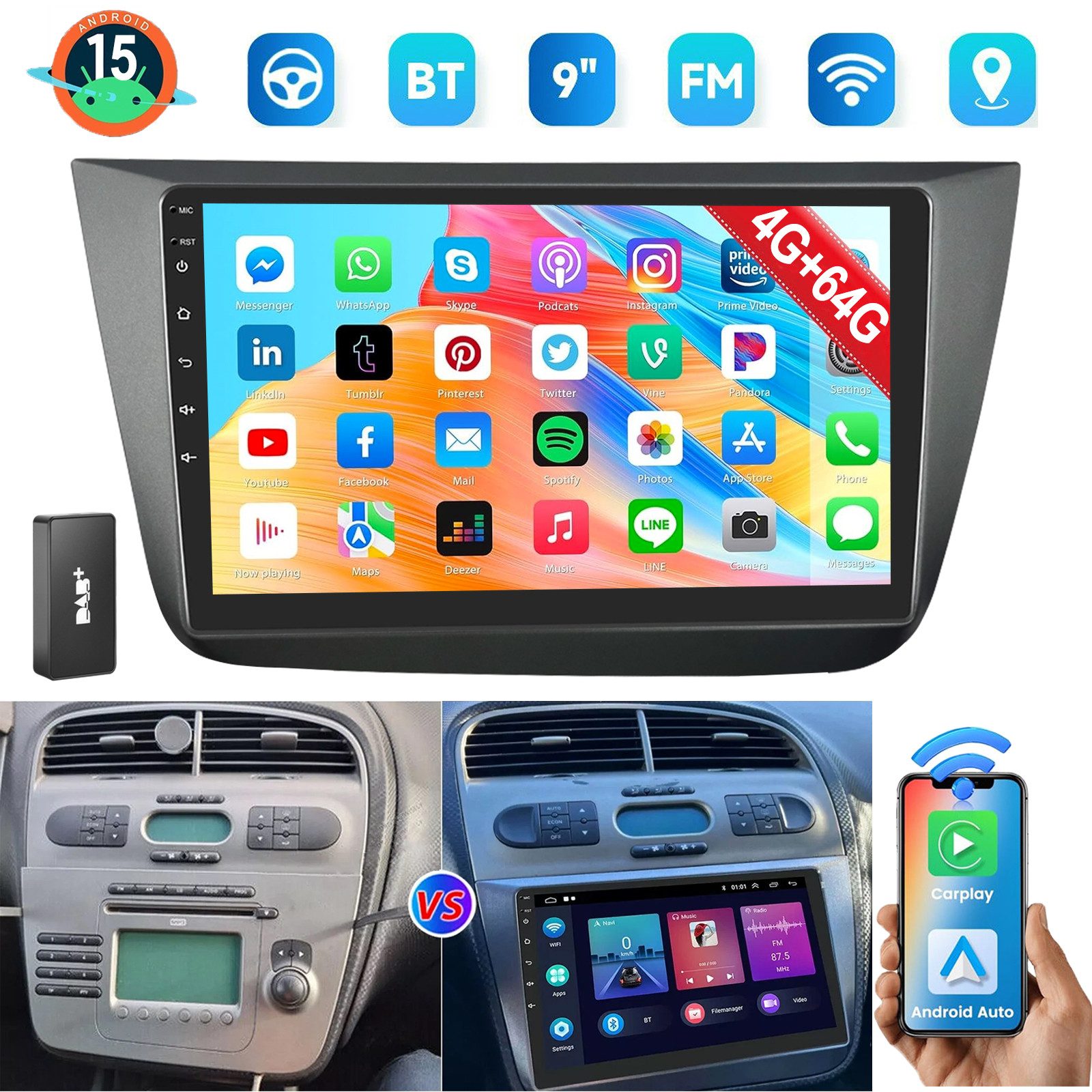 Für Seat Altea Toledo 2004-2015 Android15 mit CarPlay GPS Navi und RDS Autoradio