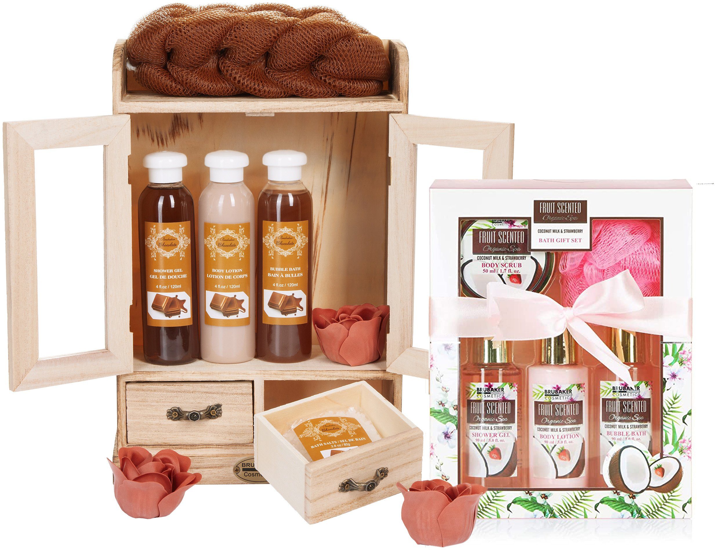 BRUBAKER Pflege-Geschenkset 2 in 1 Pflegeset Schokolade & Kokosnuss Erdbeere - Wellness Set, 15-tlg., Damen Dusch- und Badeset - Frauen Beauty Geschenkset mit Dekoration