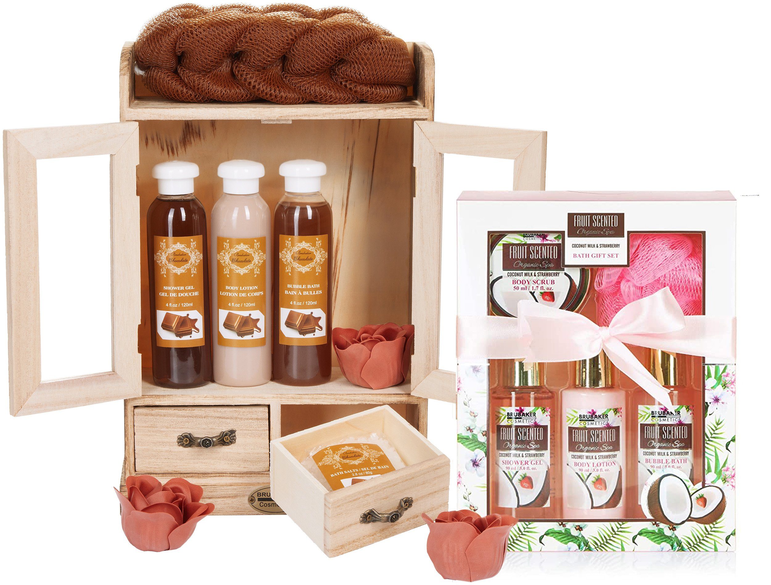 BRUBAKER Pflege-Geschenkset 2 in 1 Pflegeset Schokolade & Kokosnuss  Erdbeere - Wellness Set, 15-tlg., Damen Dusch- und Badeset - Frauen Beauty  Geschenkset mit Dekoration