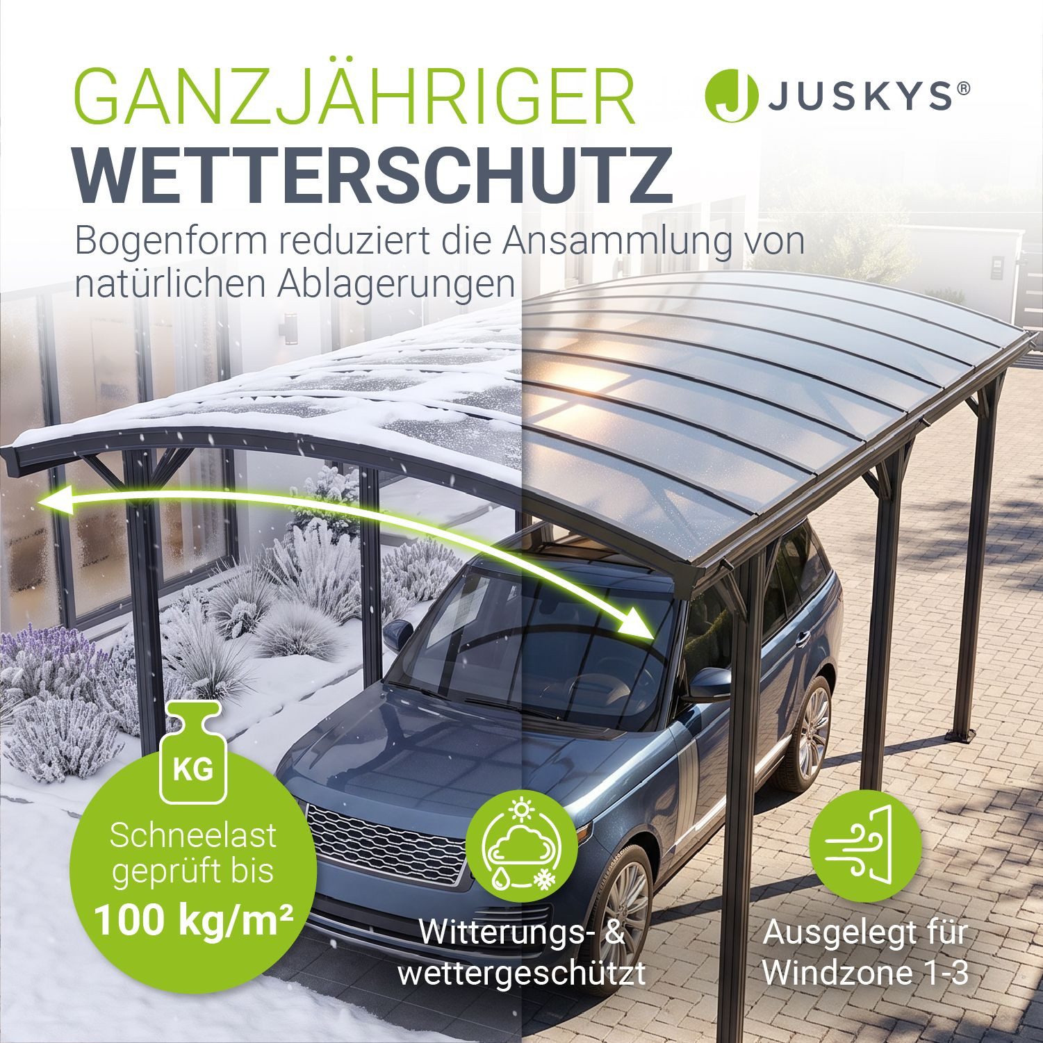 Juskys Einzelcarport Unterstand mit gebogenem Dach 5 x 3 m, BxT: 302x505 cm, 226 cm Einfahrtshöhe, Bogendach mit UV Schutz, hohe Wind und Schneelast