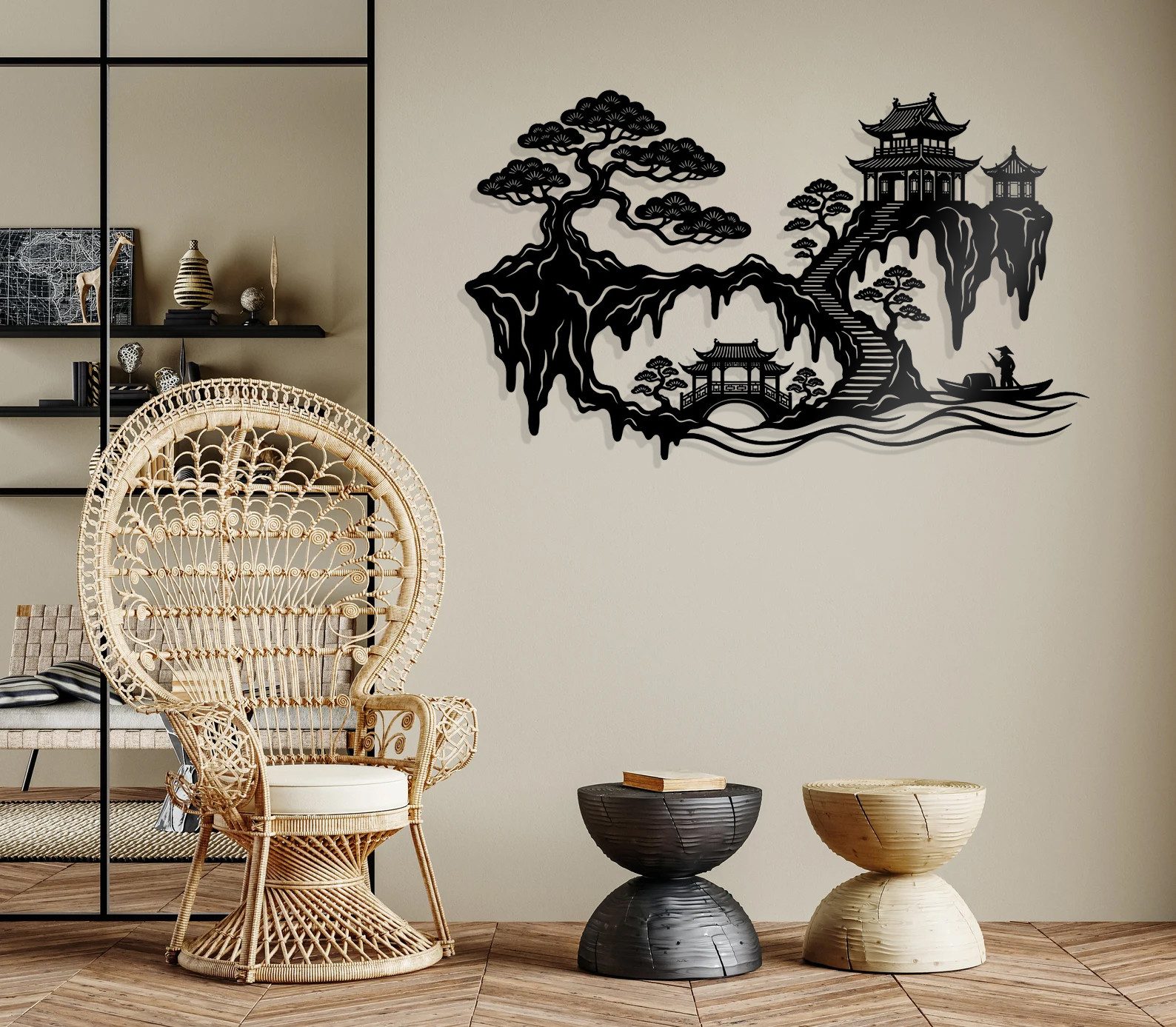 Jumpeak Wanddekoobjekt Metall Wanddeko, chinesische Landschaft, Pagode, Zen Deko, Linienkunst, Metall, 4 Farben, 4 Größen, Wanddekoration für das Wohnzimmer,Romantik