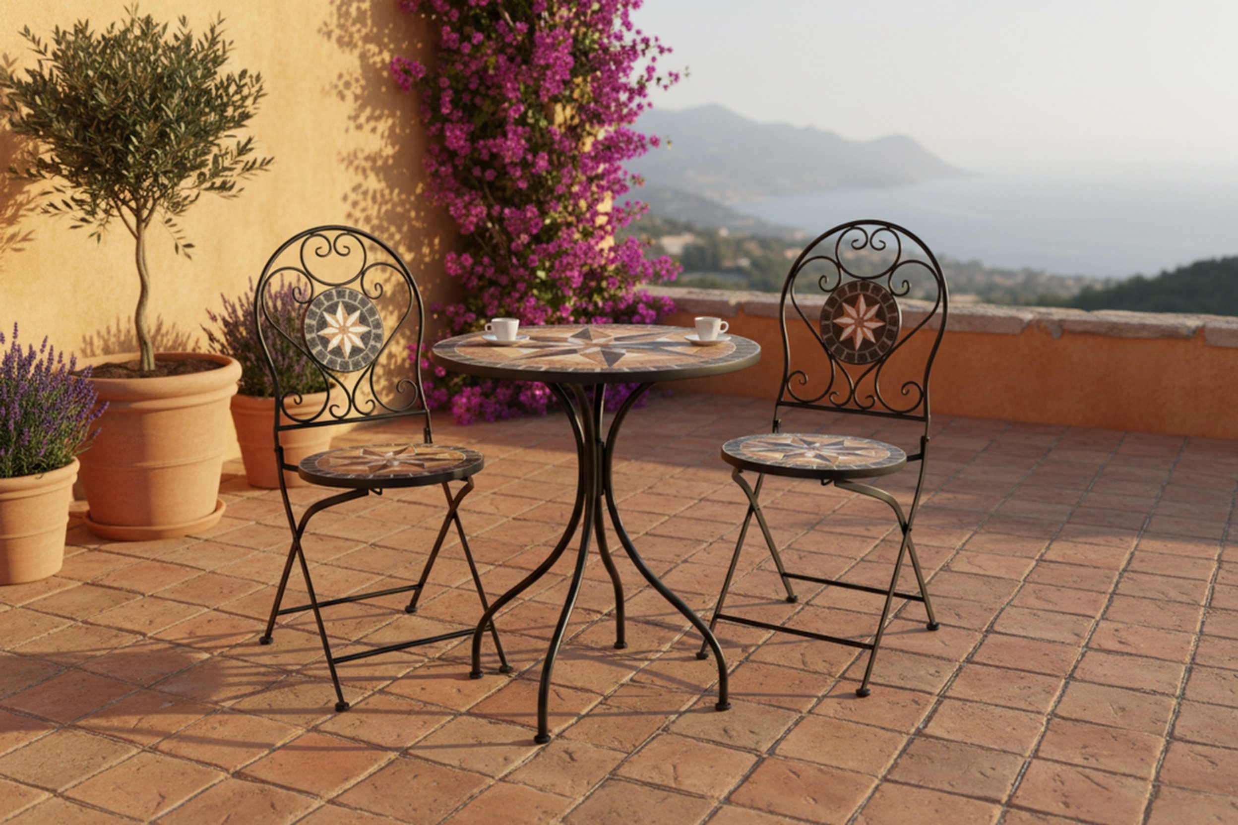 Wohnando Garten-Essgruppe Bistroset "Casper", Metalltisch, Metallmöbel, schwarz, Mosaik-Design, (3-tlg), bestehend aus 2 Stühlen und 1 Tisch, Braun Mix