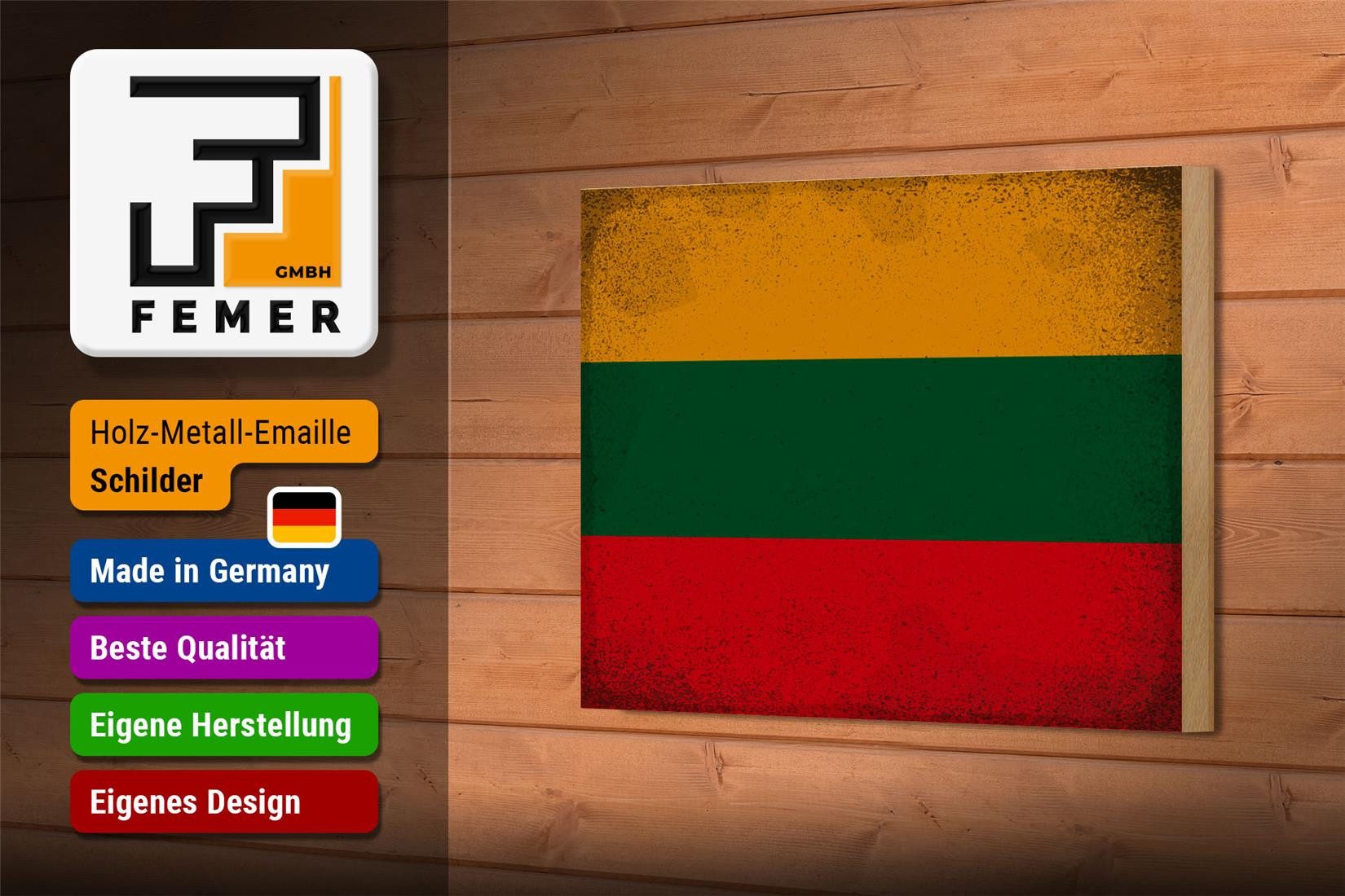 Femer GmbH Holzbild Flagge Litauen 18x12 cm Flag Lithuania Vintage, Flaggen (1 St), Glatte Holzfaserplatte (MDF), vorn beschichtet