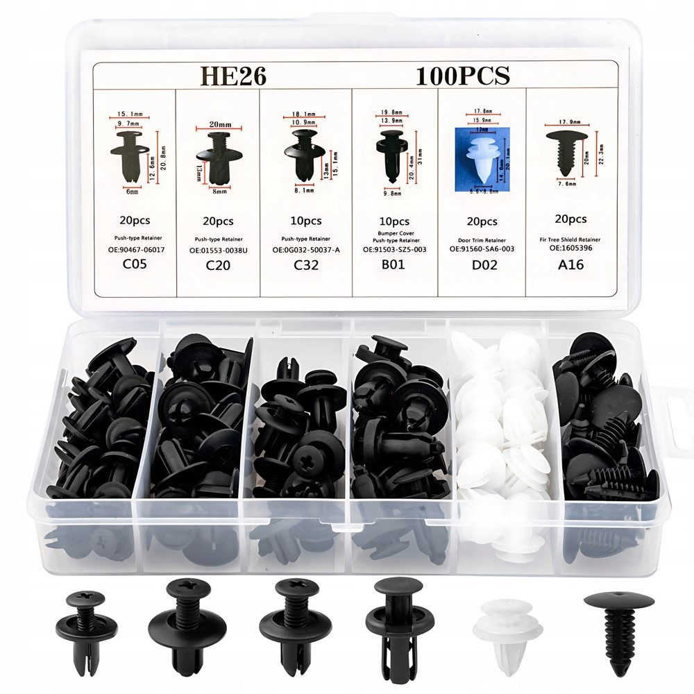 VERK GROUP Armaturen-Befestigungselement 100x Auto Befestigungsclips Set Kunststoff Nieten Bolzen Schwarz, (Set, 100-St), Organizerbox, universell einsetzbar