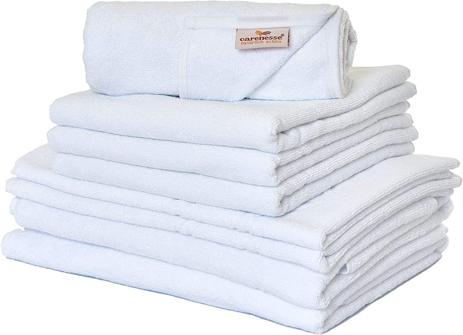 Carenesse Handtuch Set 4x Handtuch, 2x Duschtuch, 2x Badvorleger weiß, 8-tlg. 100% Baumwolle, Handtuch Set glatt & uni fusselfrei saugstark, Towel Frotteehandtuch