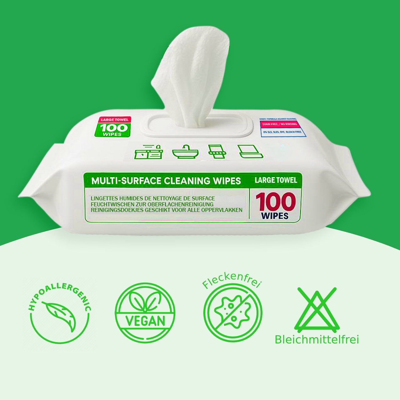 Preline Multi-Surface Oberflächenreinigungstücher, Allzwecktücher, Reinigungstücher (1-tlg., SLS/SLES/Bleichmittel-frei, Für Küche Bad Elektronik Fenster 100Stück)