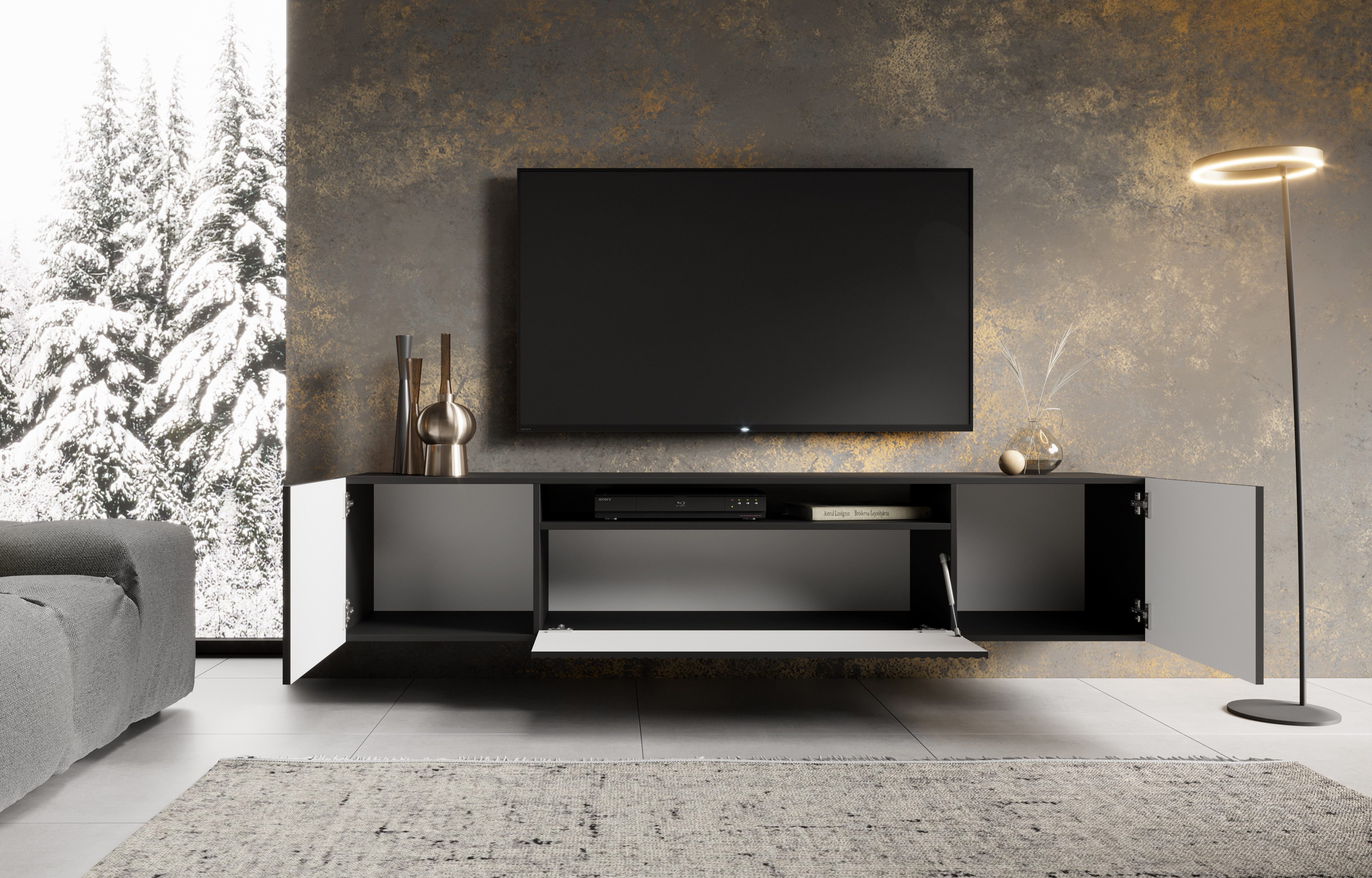 MOEBLO TV-Board VIRENO (TV-Schrank – modern, stehend oder hängend, mit geräumigen Fächern & stilvollen Fronten, 200 cm, verschiedene Farben), (BxHxT): 200 x 53  – Bild 2 von 5