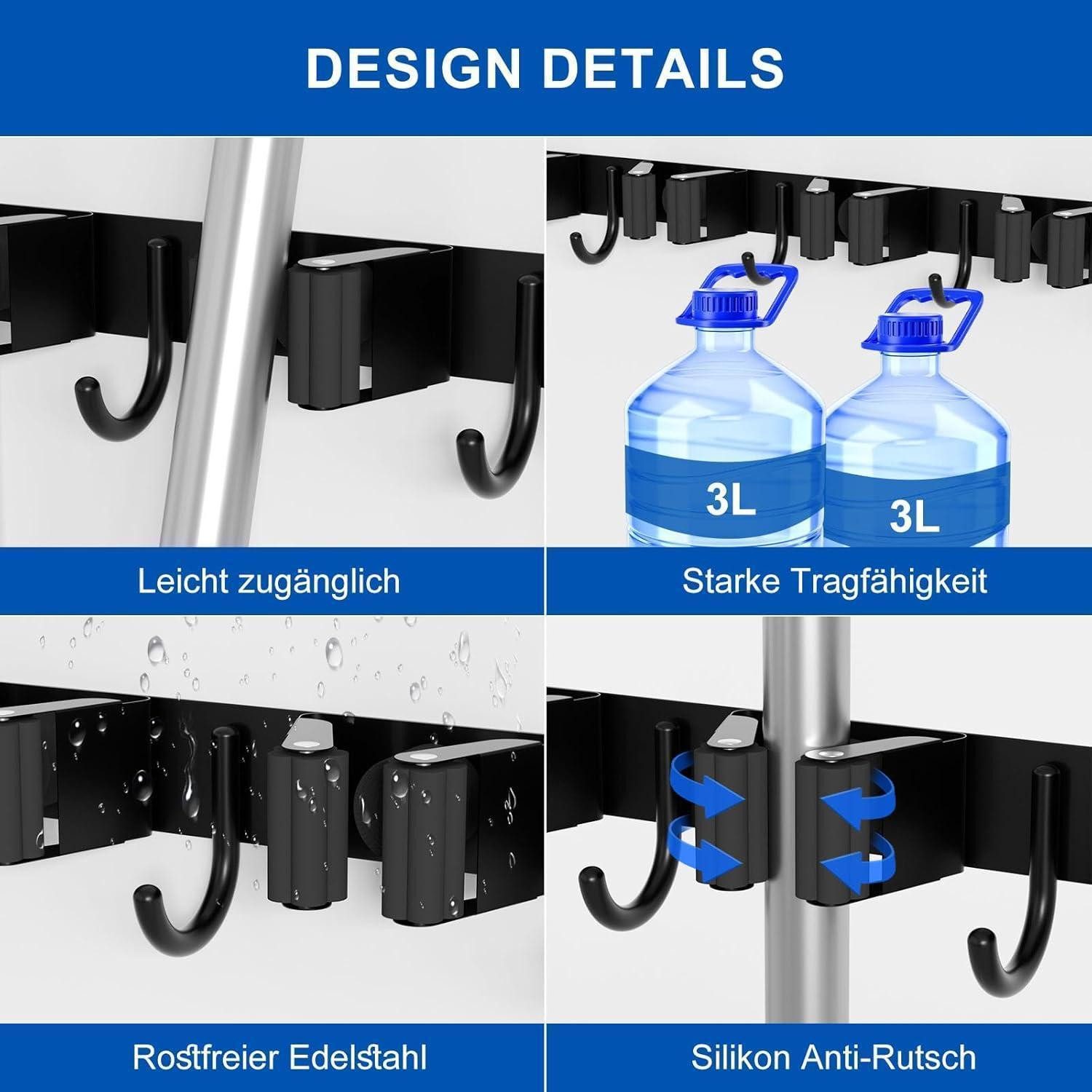 LuxusKollektion Wandregal Besenhalterung Edelstahl Selbstklebend 3 3 Halter + 4 Haken Schwarz