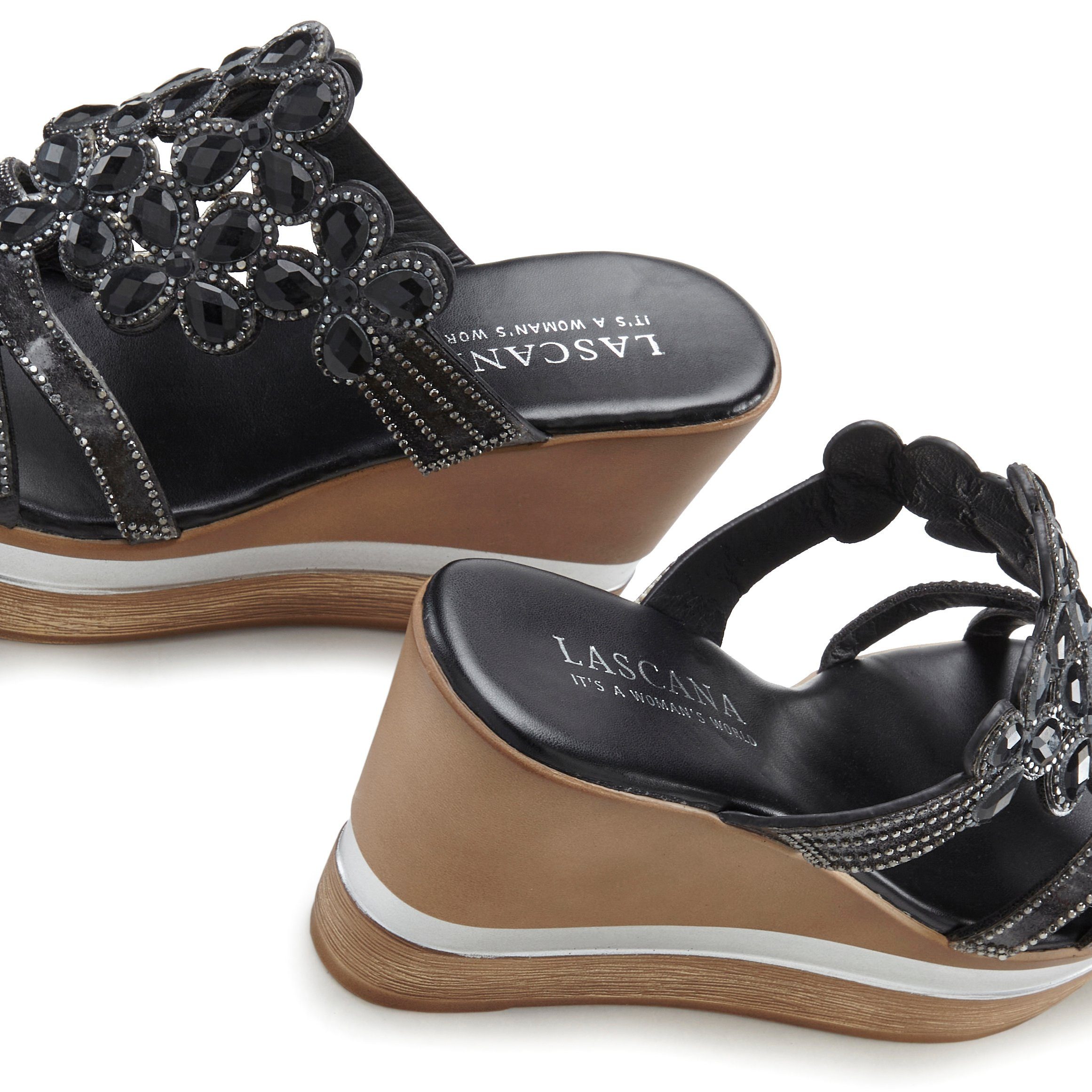 Sandale, und Mule, Pantolette Verzierung schwarz LASCANA Keilabsatz Schuh aufwendiger mit offener
