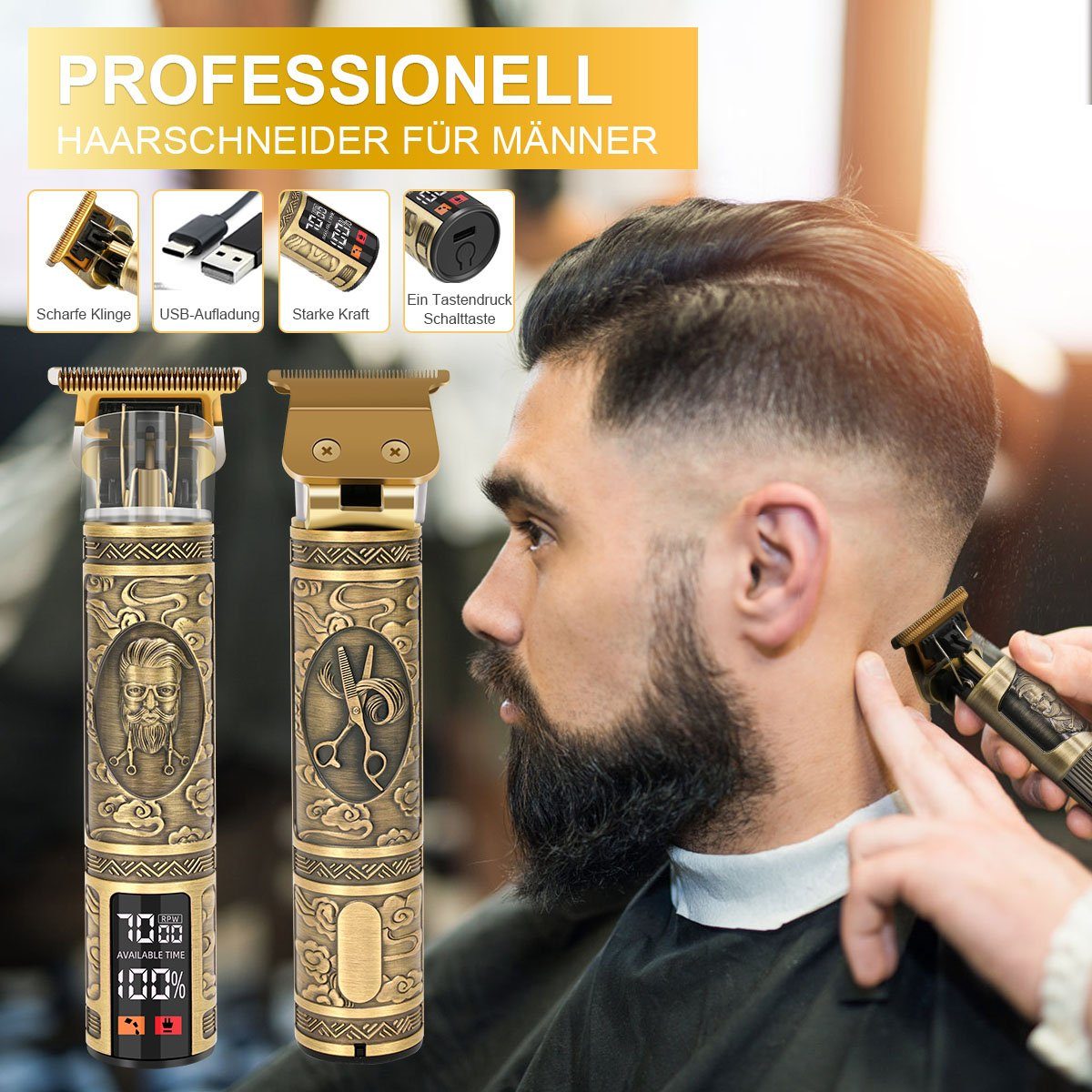 7Magic Haar- und Männer Wiederaufladbare Bartschneider, Haarschneidemaschine Kabellose Kahle Gold-1207 Barbierschere, für Haarschneider