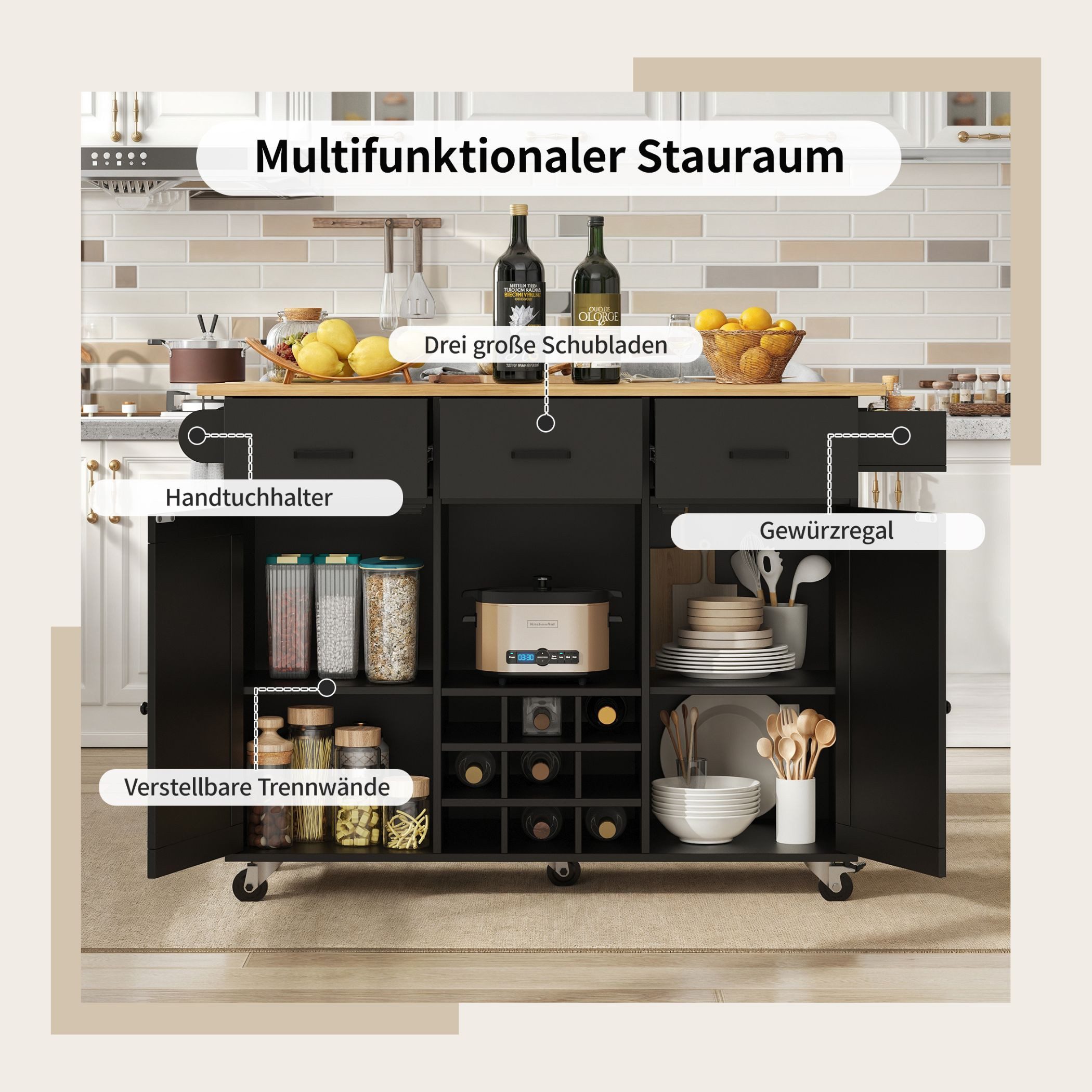 SeedWave Kücheninsel mit klappbarer Tischplatte, 3 Schubladen, Doppeltür-Schränken, Flaschenregal, Gewürz- & Handtuchhalter, Rollen mit Feststeller