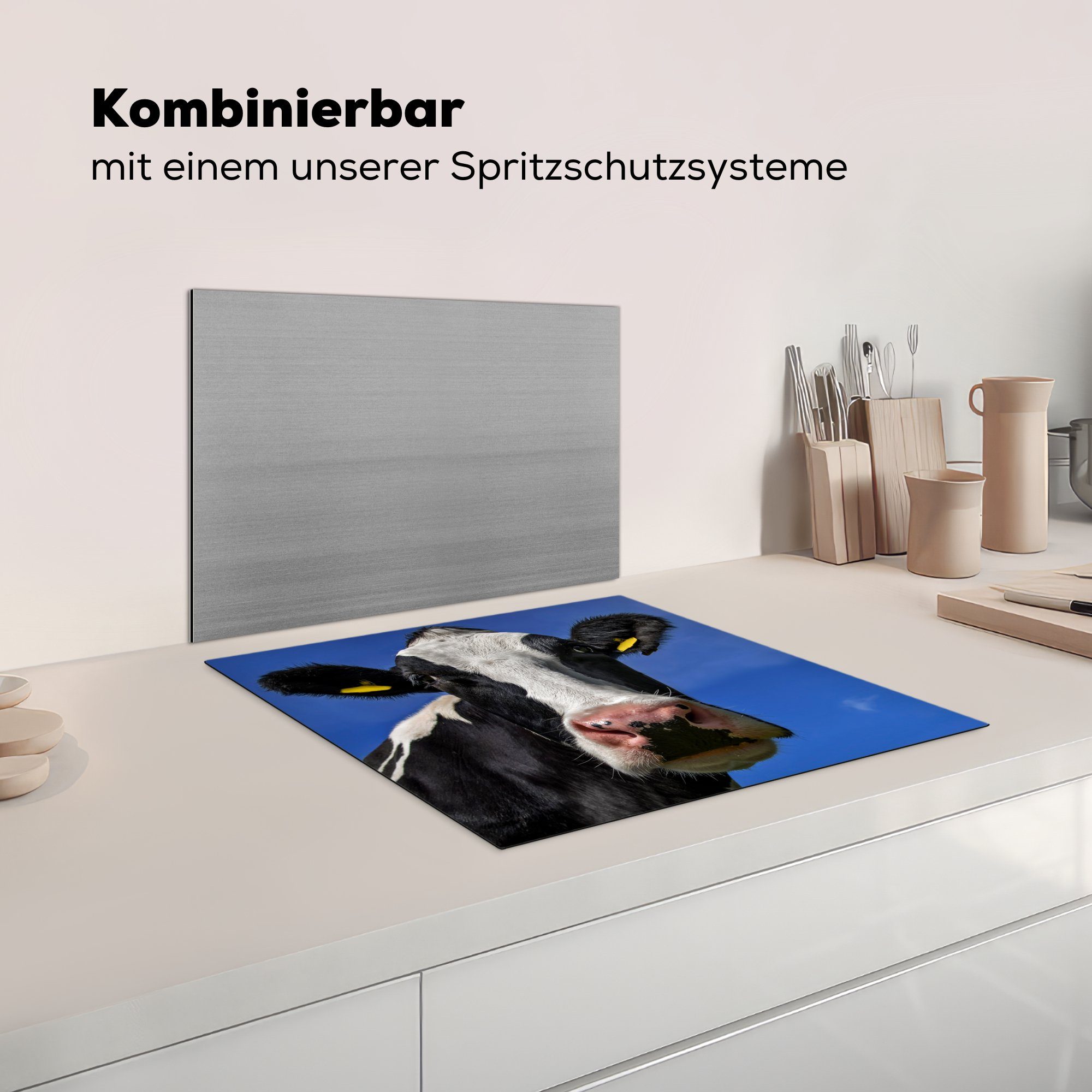 küche, Induktionsmatte Ceranfeldabdeckung Tiere, - Vinyl, für - Blau Kuh MuchoWow die cm, Herdblende-/Abdeckplatte (1 tlg), 59x52