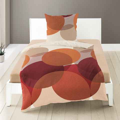 Bettwäsche Baumwolle, Traumschloss, Satin, 3 teilig, Kreise in rot, orange auf creme
