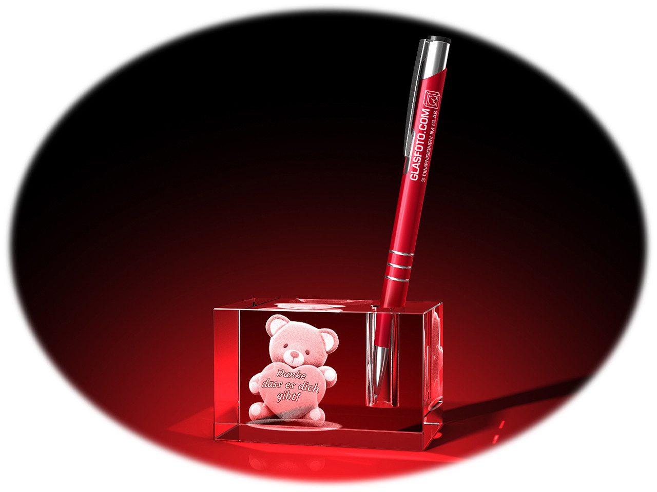 GLASFOTO.COM Dekofigur Stifthalter, Valentinstag, Bärchen mit Herz + Danke