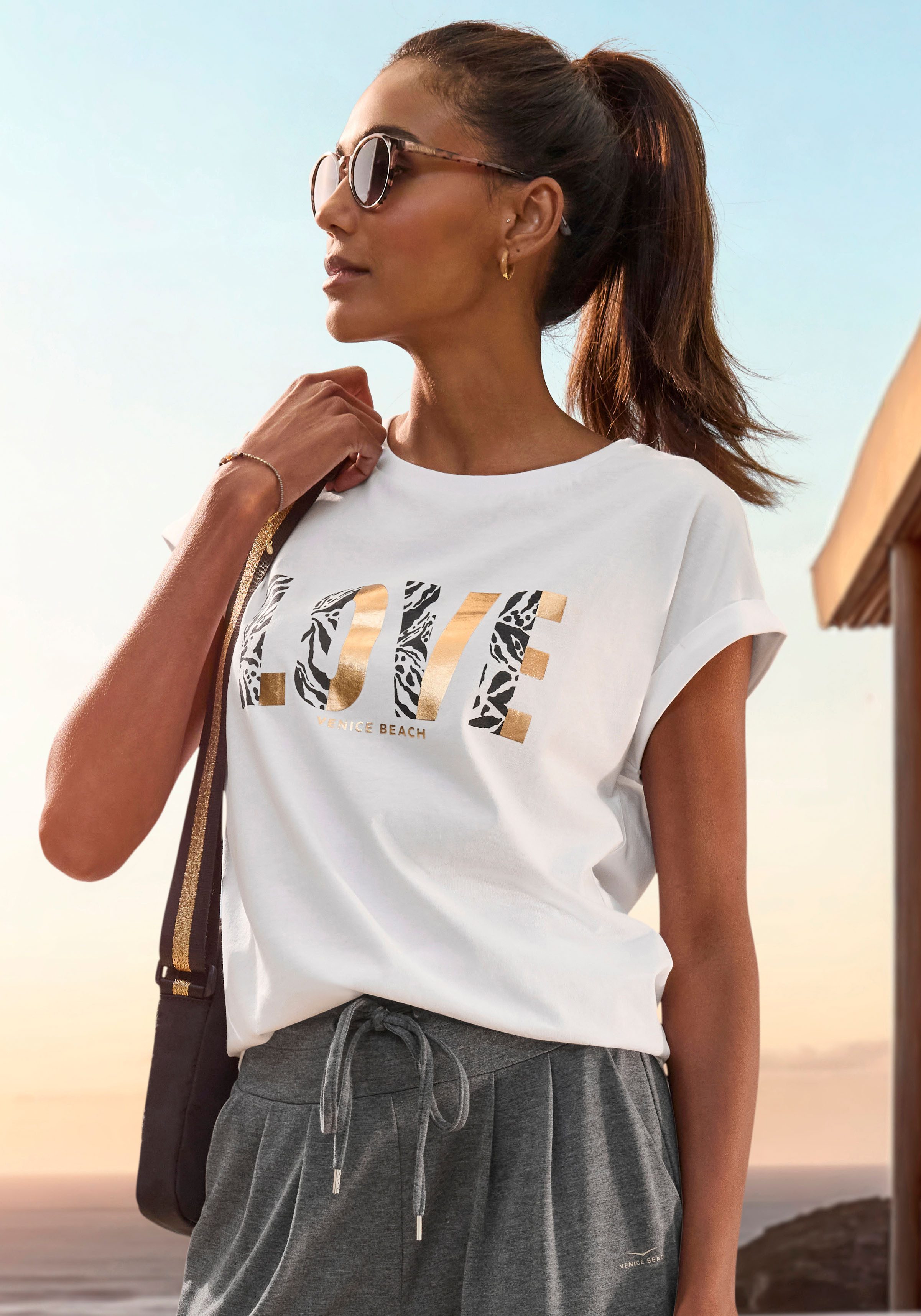 Venice Beach Kurzarmshirt mit Frontprint, T-Shirt aus Baumwolle, lockere Passform