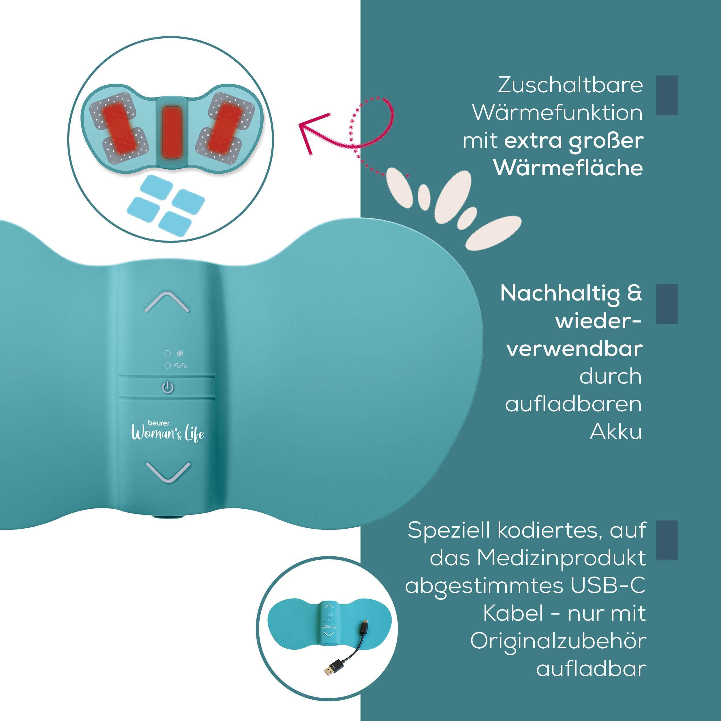 BEURER Menstruations-Pad EM 55 Menstrual Relax+ mit Wärme und TENS-Funktion, (Inkl. 4 selbsthaftenden Gel-Pads), Schmerzlinderung bei Menstruationsschmerzen und Endometriose