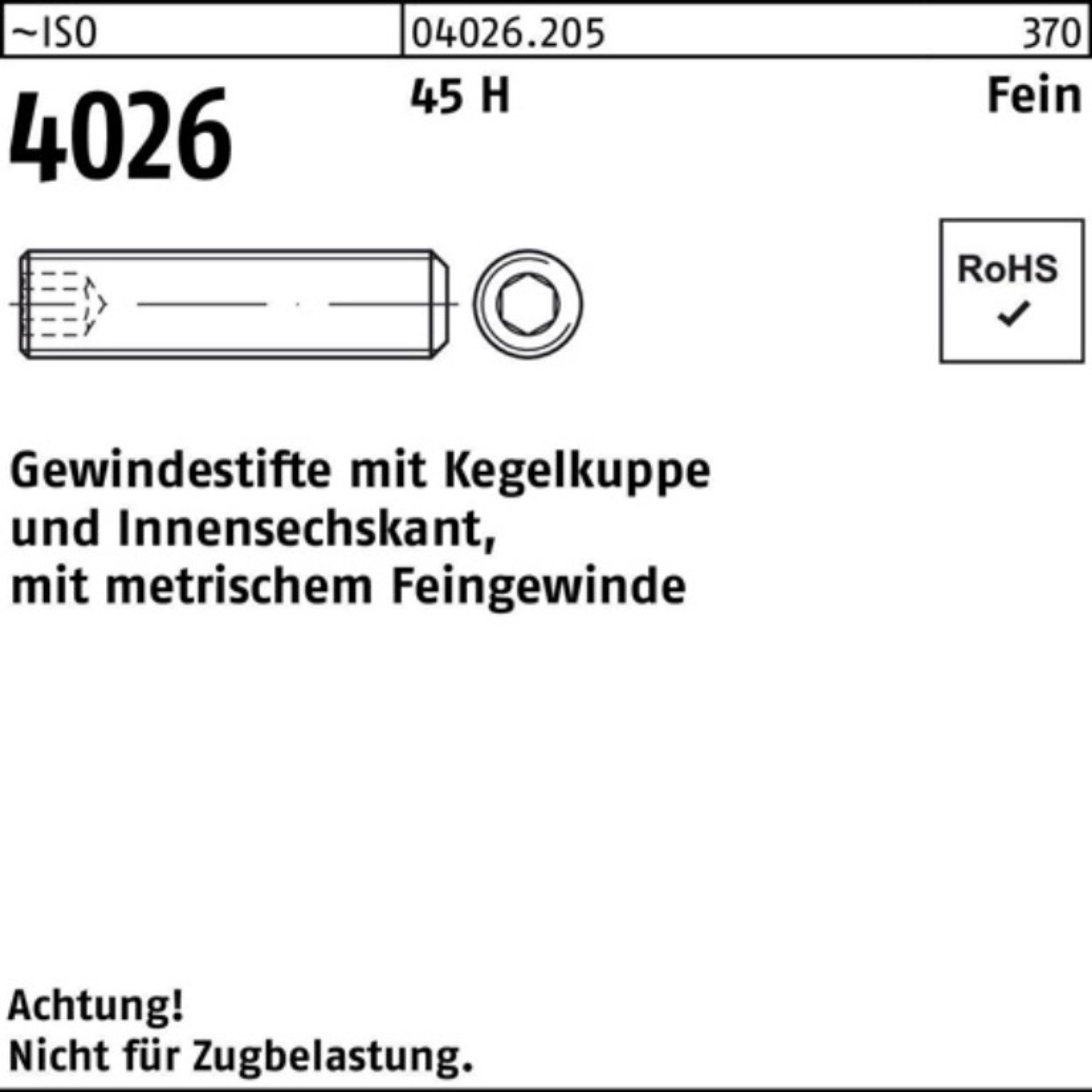 Reyher Gewindebolzen Gewindestift 1x 6 H 50 Kegelkuppe/Innen-6kt 45 500er M8x ISO Pack 4026