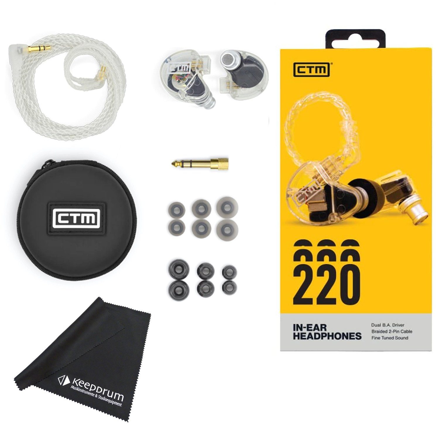 CTM Audio CE220 In Ear Monitor-Clear mit Tuch In-Ear-Kopfhörer (Voller Sound, Präzision, nicht zutreffend, Frequenzgang: 20 Hz bis 16 kHz, Kraftvoller Bass)
