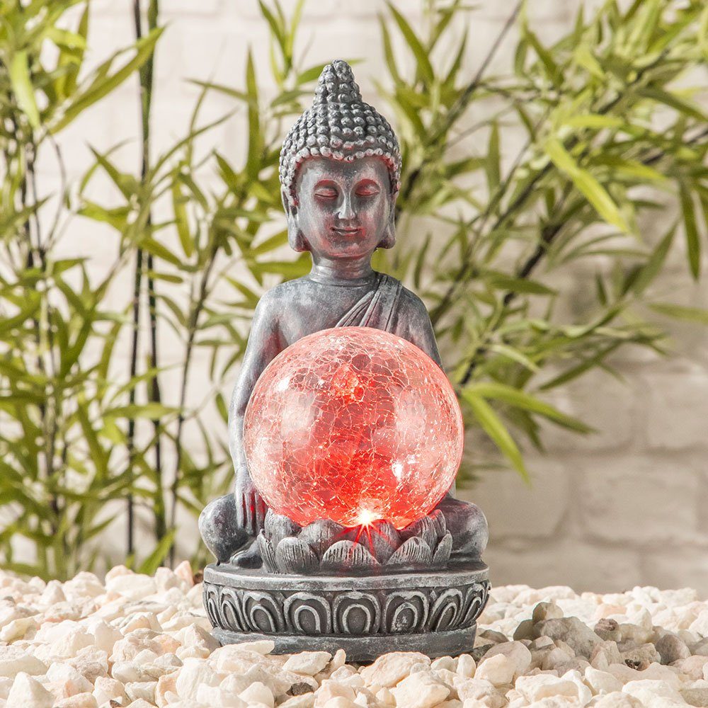 LED Garten Buddha Solarleuchte, crackle Solarleuchte Figur etc-shop mit Glaskugel LED