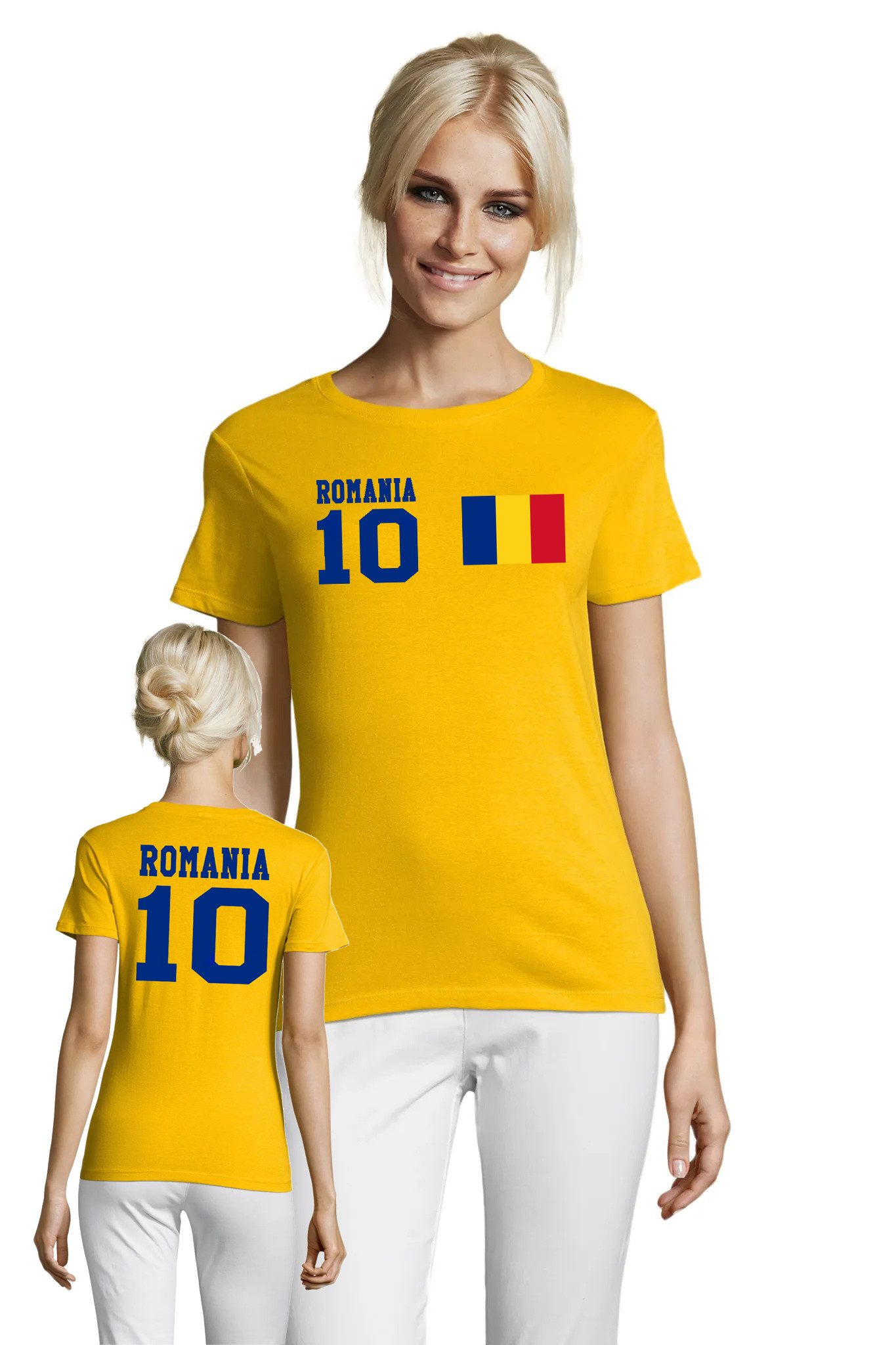 Blondie & Brownie T-Shirt Rumänien Damen T Shirt 10 Flagge Fußball Style Casual Freizeitlook Romania Flag Style Damen Shirt Edition