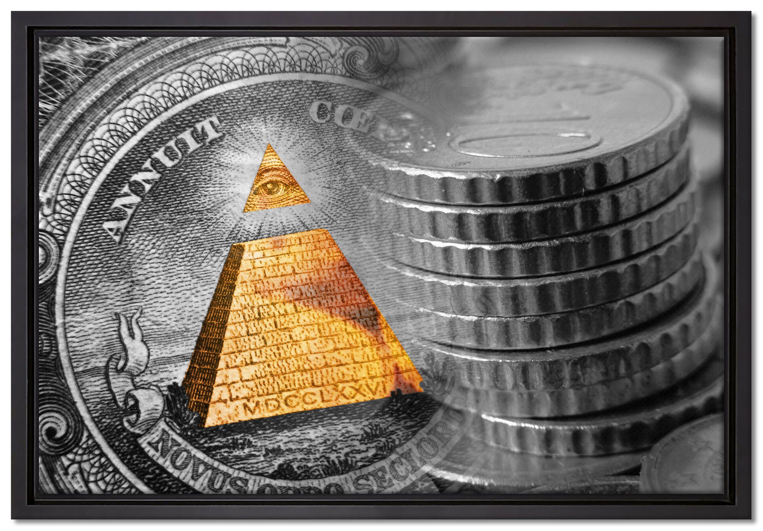 Pixxprint Leinwandbild Illuminati Pyramide Dollar, Wanddekoration (1 St), Leinwandbild fertig bespannt, in einem Schattenfugen-Bilderrahmen gefasst, inkl. Zackenaufhänger