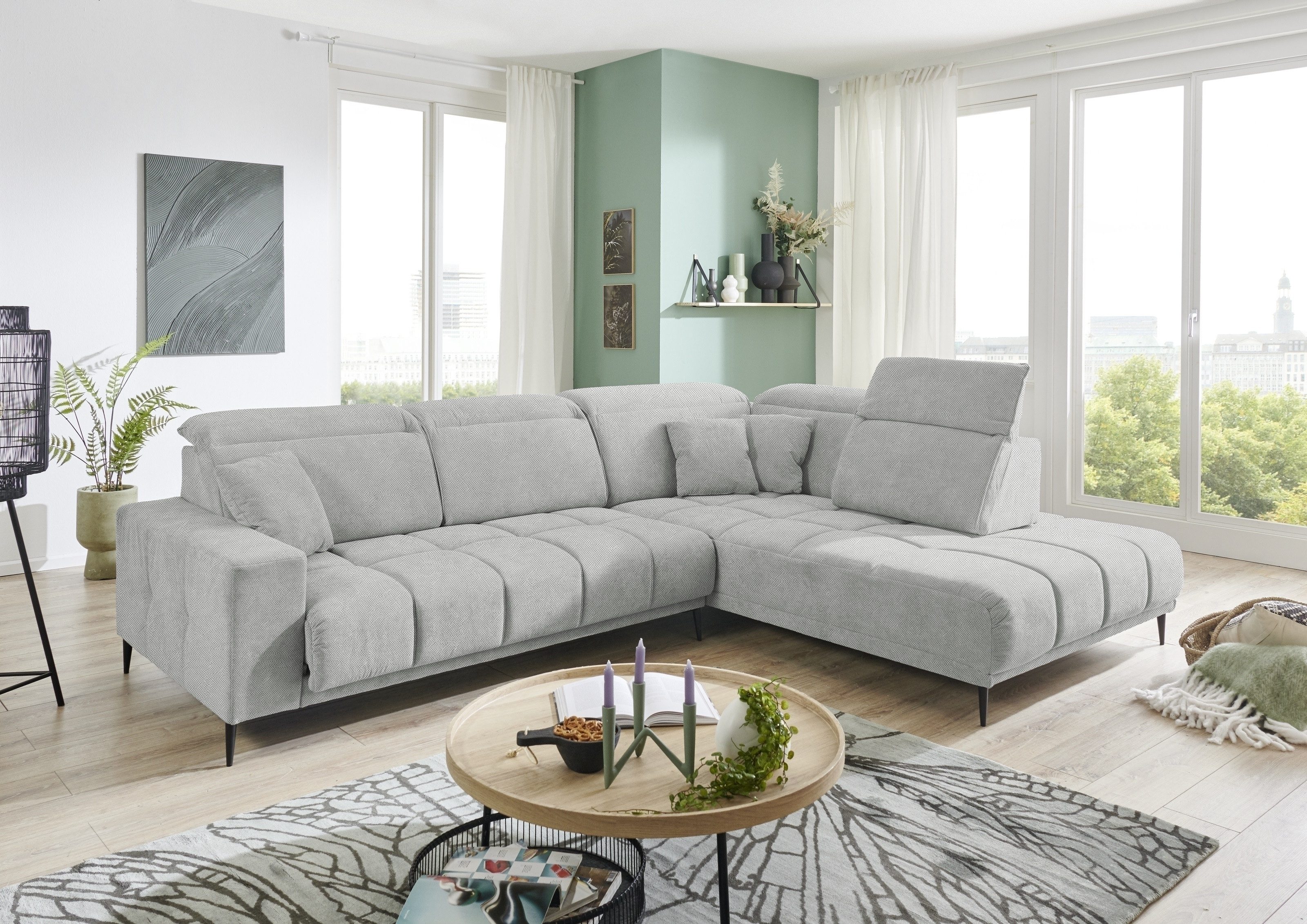 freiraum Wohnlandschaft Lindesberg, elektr. Sitzverstellung, Federkern, hellgrau - 317x107x230cm (BxHxT)