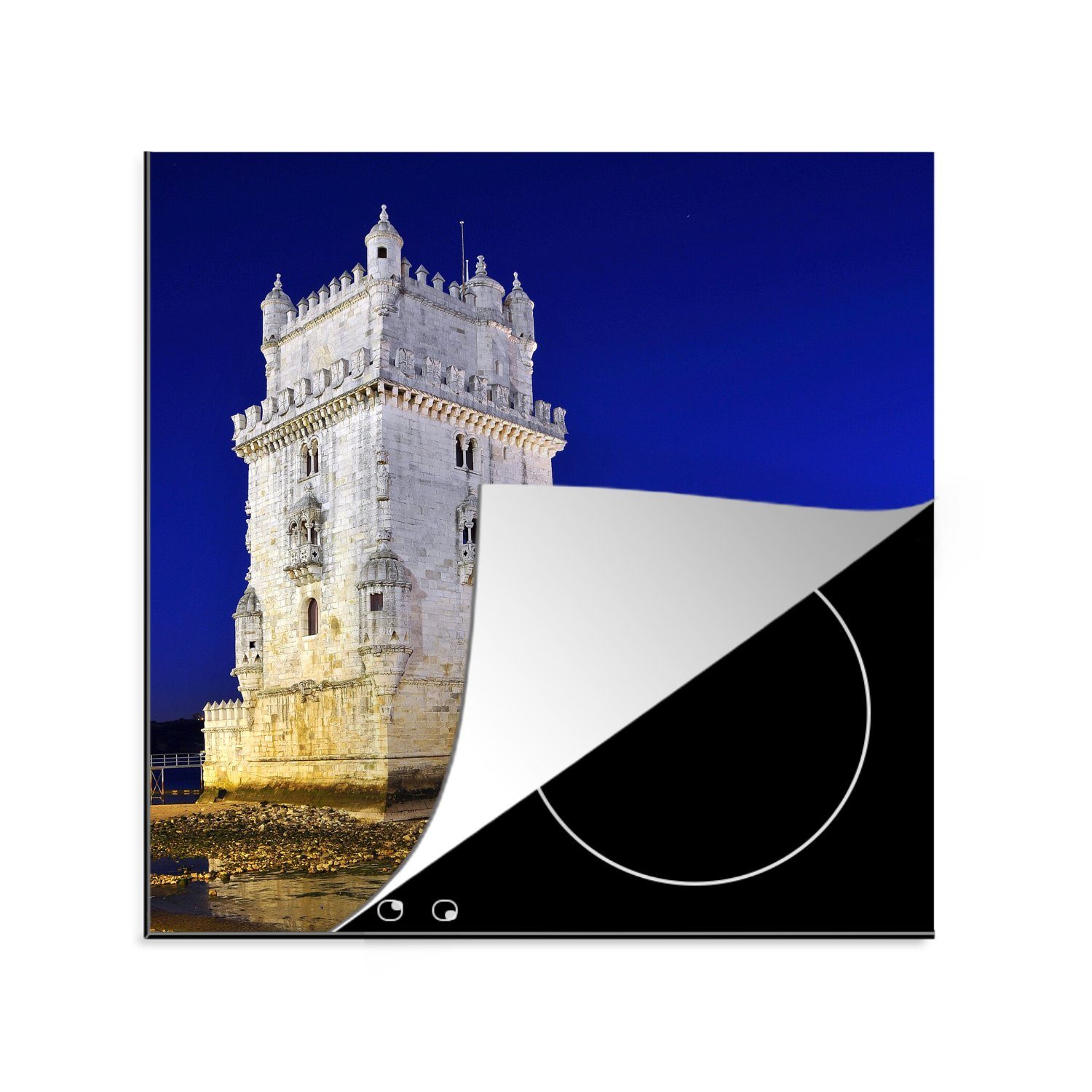 MuchoWow Herdblende-/Abdeckplatte Torre de Belém bei Nacht, Vinyl, (1 tlg), 78x78 cm, Ceranfeldabdeckung, Arbeitsplatte für küche