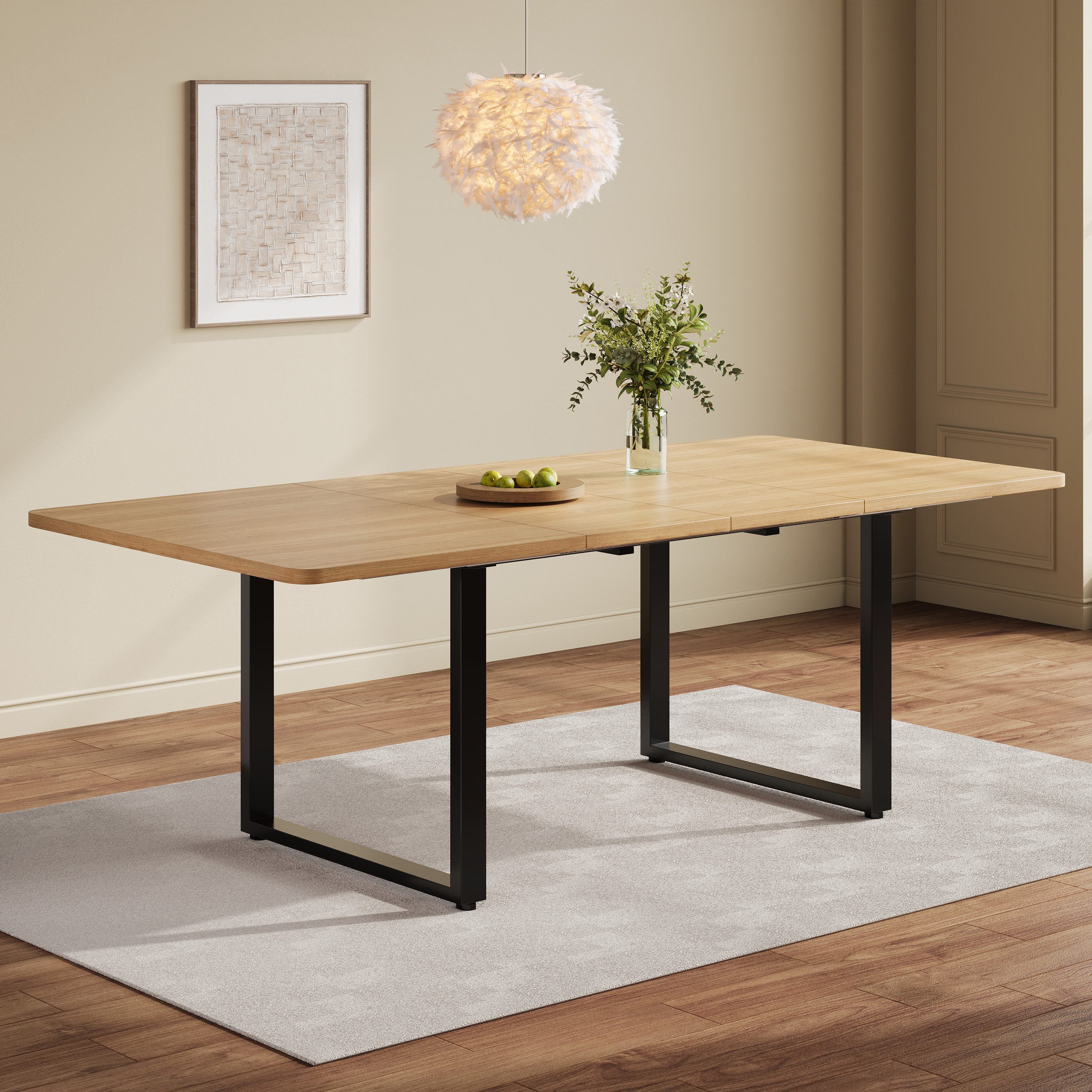 OKWISH Esstisch Ausziehbarer Esstisch, rechte Form, Metallbeine (Packung, 1-St., geeignet für 6-10 Personen, für Esszimmer, Küche, Eichenfarbe), mit 3 Längen, 140/180/220*90 cm, einfacher Stil