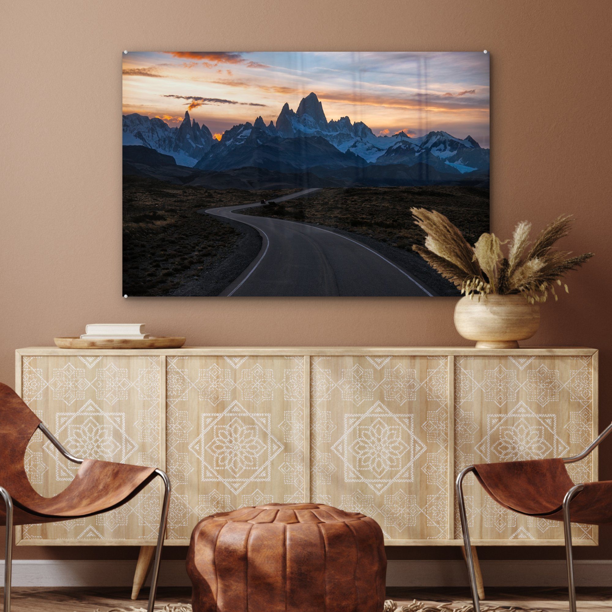 Sonnenuntergang Acrylglasbild Nationalpark Bergen Acrylglasbilder im Wohnzimmer hinter St), & den MuchoWow Patagonien, (1 Schlafzimmer