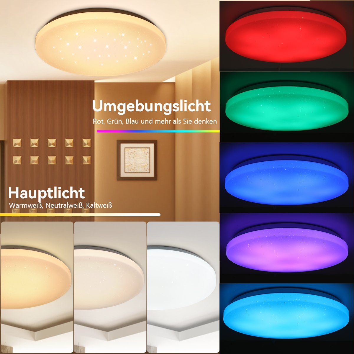 oyajia Deckenleuchte 36W RGB LED Deckenleuchte Sternenhimmel-Effekt  Farbwechsel Deckenlampe, LED fest integriert, RGB Farbwechsel (3000~6500K),  Dimmbar mit Fernbedienung, IP44 Wasserfest für Küche Wohnzimmer Bad