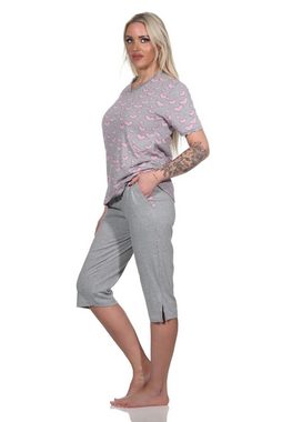 Normann Pyjama Damen Kurzarm Schlafanzug mit Caprihose in Herz Motiv Optik