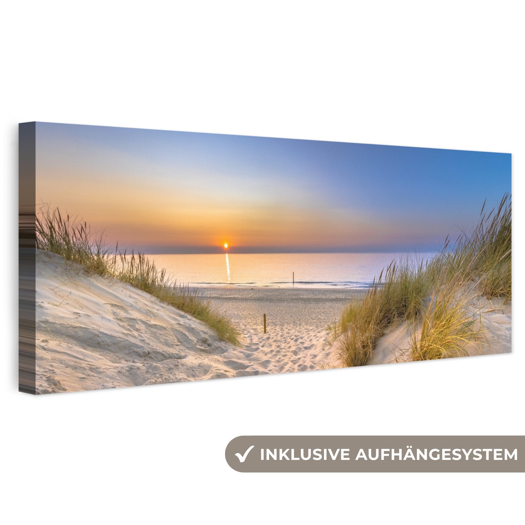OneMillionCanvasses® Leinwandbild Panorama Düne - Sonnenuntergang - Horizont - Strand - Gras, Fotodruck (1 St), Wandbild, Deko Schlafzimmer Wohnzimmer Flur 60x20 cm