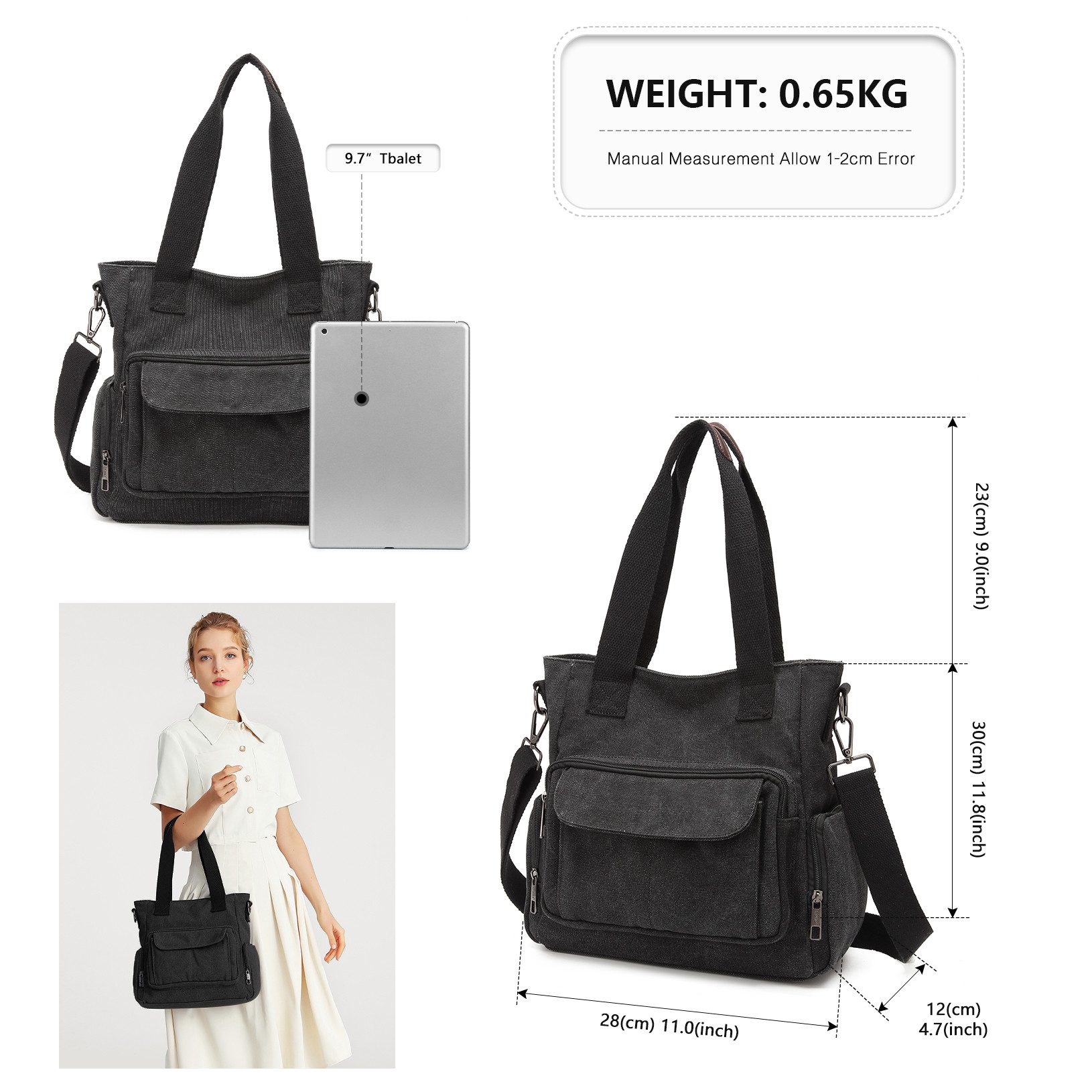 KONO Schultertasche Canvas Damen Handtasche Umhängetasche mit Top Griff – Bild 4 von 5