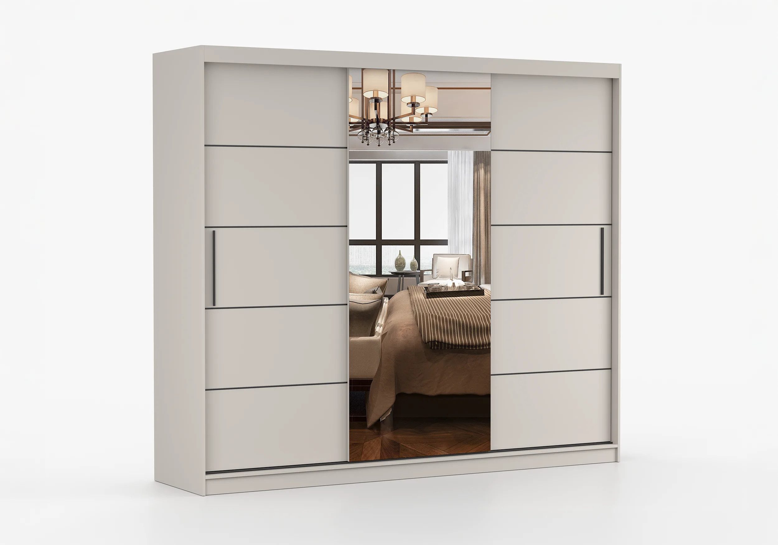 MOEBLO Schiebetürenschrank ELBA I Kaschmir mit Spiegel (Kleiderschrank - großer Spiegel, dekorative Aluminiumleisten, Kleiderstange & Einlegeböden, platzsparende Schiebetüren für Schlafzimmer, Flur oder Ankleidezimmer) (BxHxT):250x218x61 cm