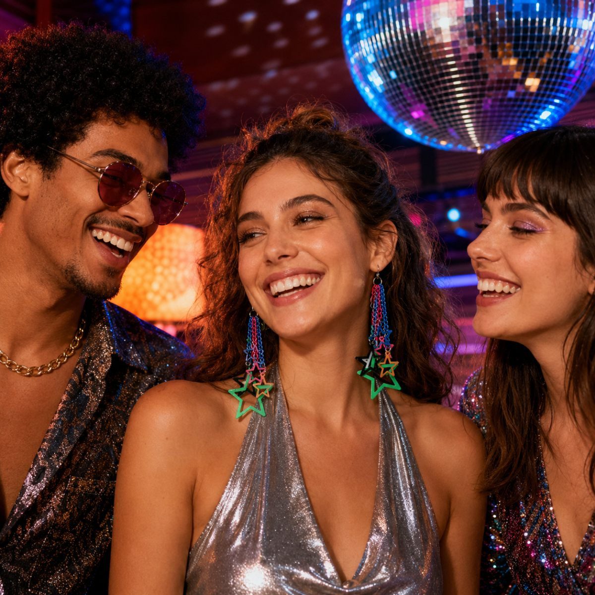 Das Kostümland Kostüm Sternen Ohrringe zum Disco Party Kostüm, Bunt