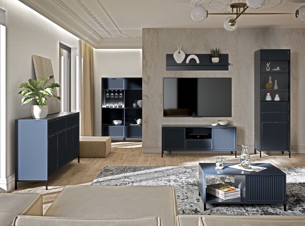 Lamellen, Compleo VIVAS, Schublade Couchtisch Blau mit dekorative Modern Wohnzimmertisch