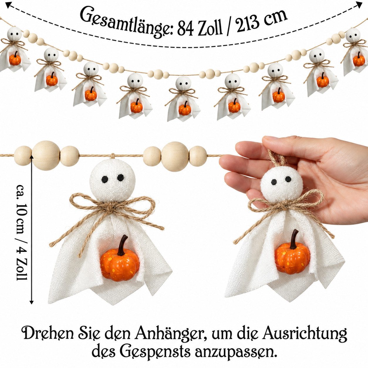 Sorvyzxn Dekohänger Halloween Girlande 1er Set, Weiße Geister-Deko mit Holzperlen, Niedliche Gespenster-Girlande für Kaminsims, Wand & Zuhause – Bild 3 von 5
