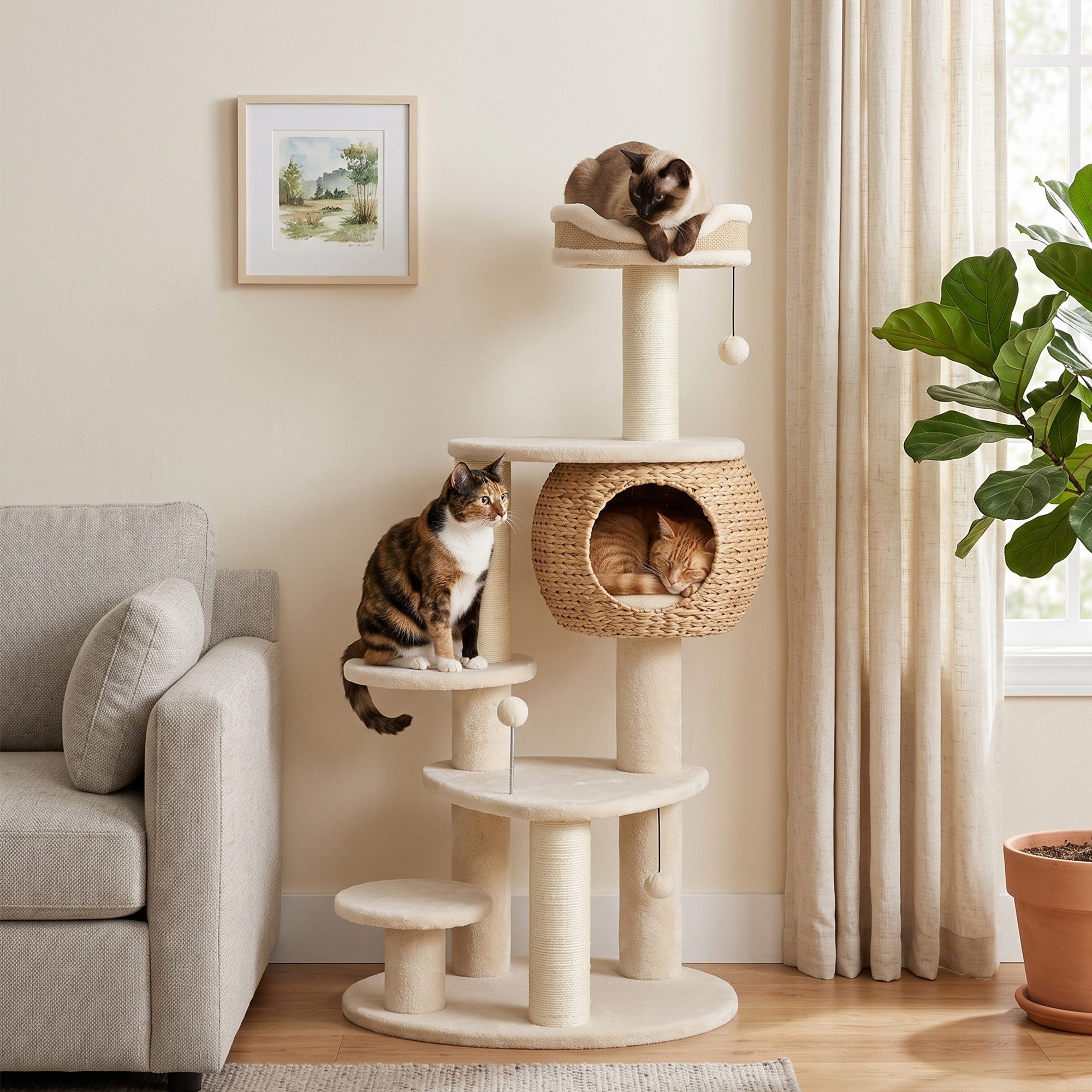 PawHut Kratzbaum Katzenbaum 132 cm hoch mit 3 Spielbällen und Kippschutz Beige, 4 Ebenen, Höhle, 3 Sisalstämme von PawHut