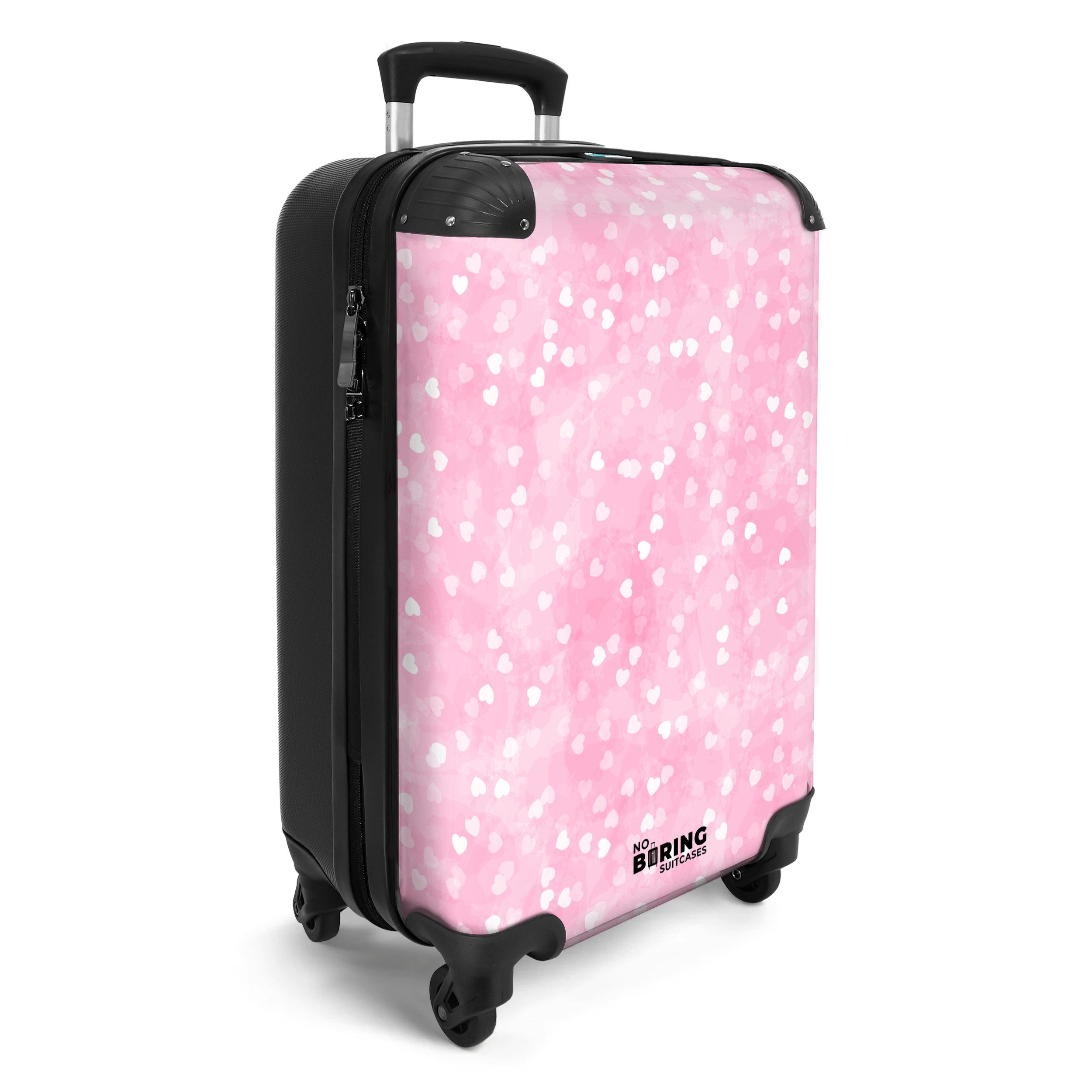 NoBoringSuitcases.com© Kinderkoffer Herzen - Rosa - Muster 55x35x20cm, 4 Rollen, Reisetasche mit Rollen, Koffer Handgepäck Flugzeug