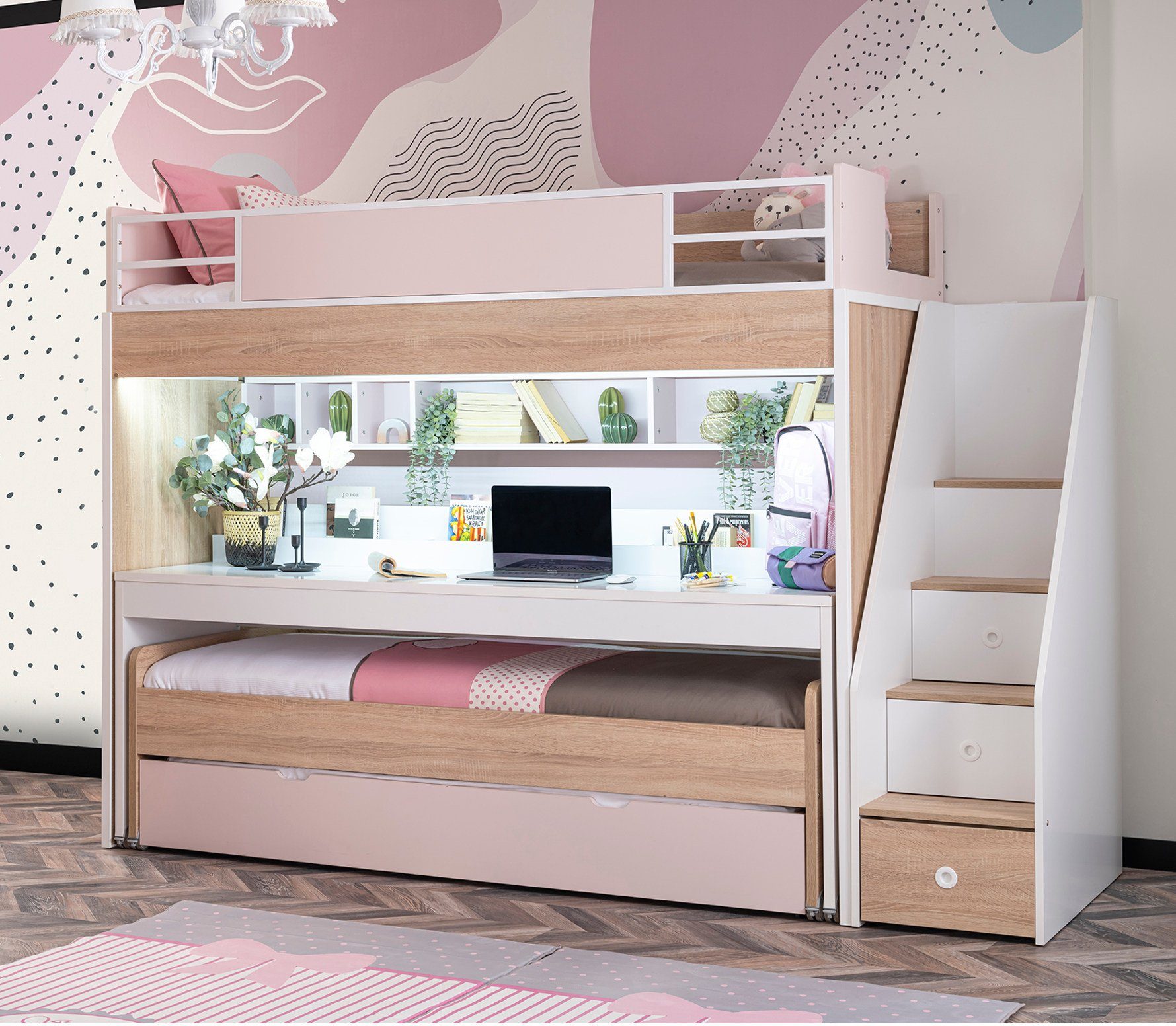 Etagenbett und Schreibtisch mit Etagenbett rosa Möbel-Zeit Treppe City
