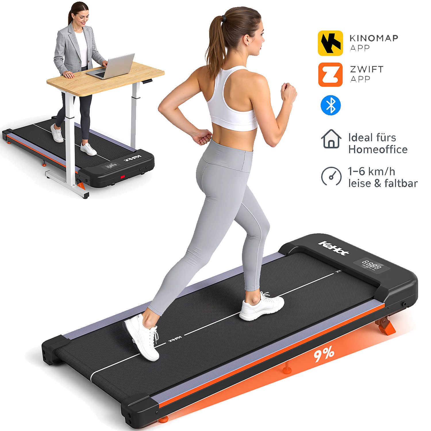 kehot Laufband Laufband für Zuhause, 2,5 PS Walking Pad 1–6 km/h Leise, Kompakt (Flaches Laufband mit 9% Steigung, Bluetooth-Musik, LED-Display, Walking Pad Platzsparend, 38×94 cm Lauffläche, bis 100 kg belastbar), Kompakt Laufband unter Schreibtisch, Leises, Ideal für Büro & Home