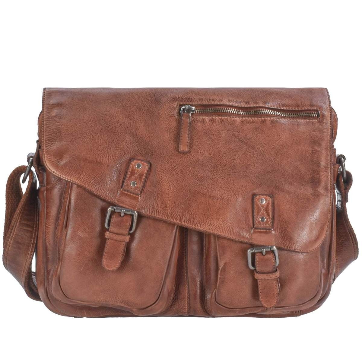Messengerbag, chestnut Leder Herrentasche, Vintage weiches 39x28cm, Umhängetasche Washed, Greenburry Schultertasche