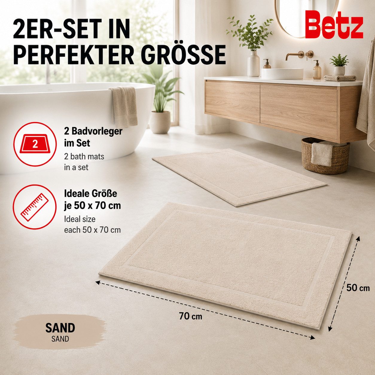 Betz Badematte 2 Stück Badvorleger Premium Badteppich Größe 50x70 cm, unbeschichtet, beidseitig nutzbar, beidseitig nutzbar, Baumwolle, Qualität 650g/m² – Bild 3 von 5