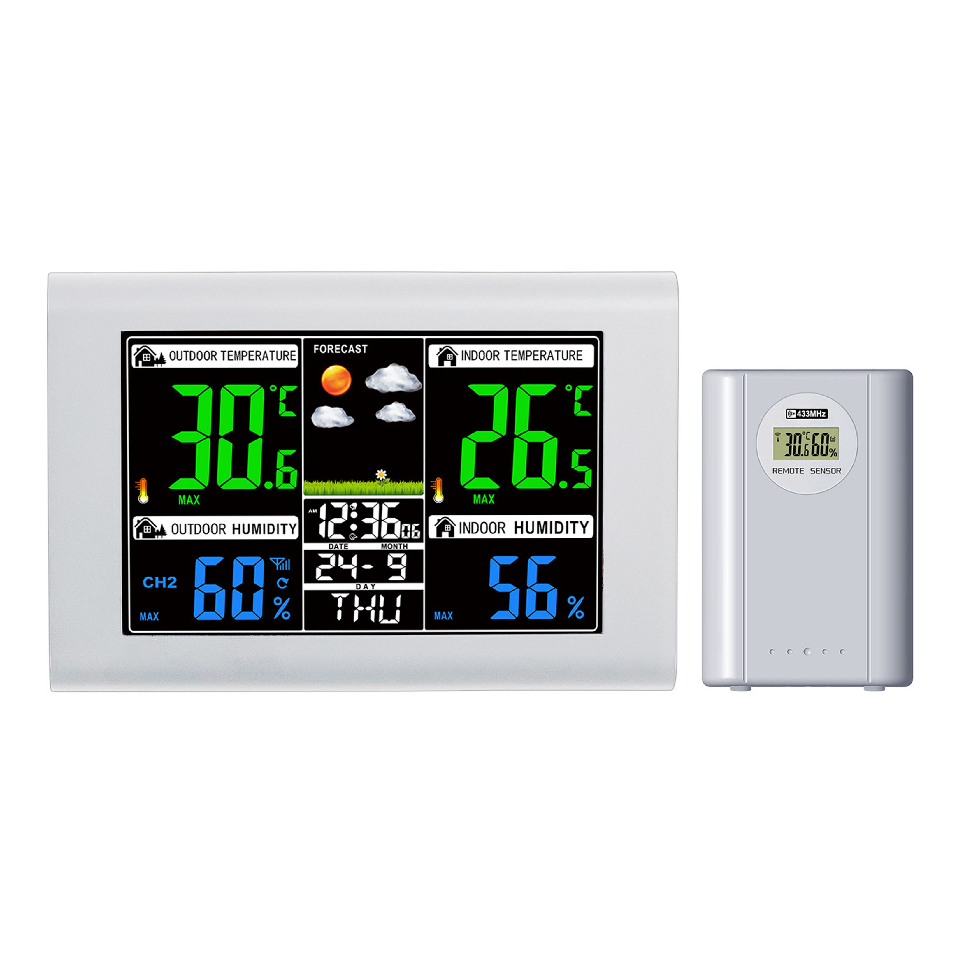 KINSI Wetterstation Funk mit Außensensor, Farbdisplay, DCF Funkuhr Wetterstation (Thermometer Hygrometer, Wettervorhersage, Wecker)