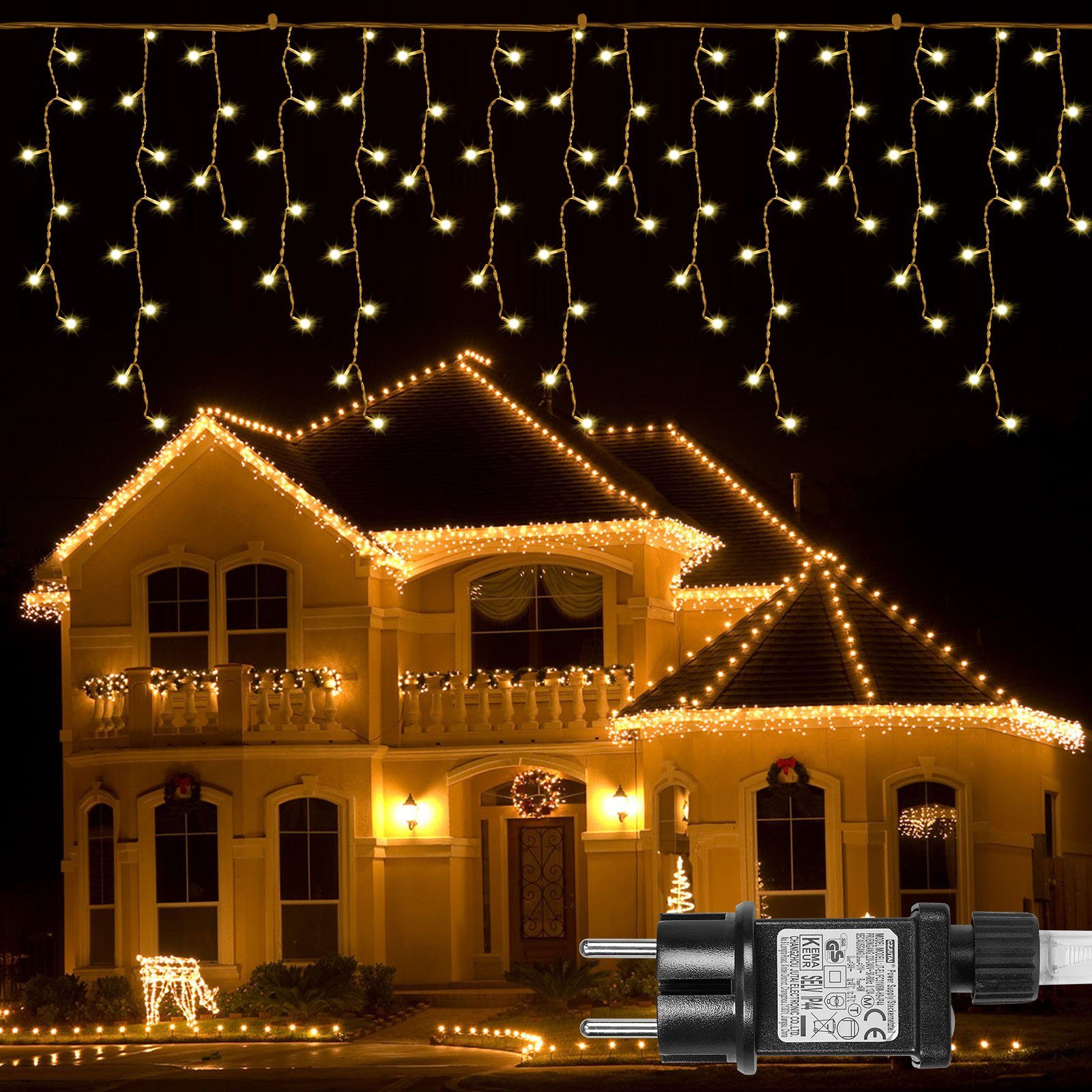 Sunicol LED-Lichterkette Eisregen Weihnachtsbeleuchtun, Außen Innen,Timer, 5M/10M/15M, 8 Modi, IP44 Wasserdicht, Lichtervorhang, Warmweiß, Garten, Party