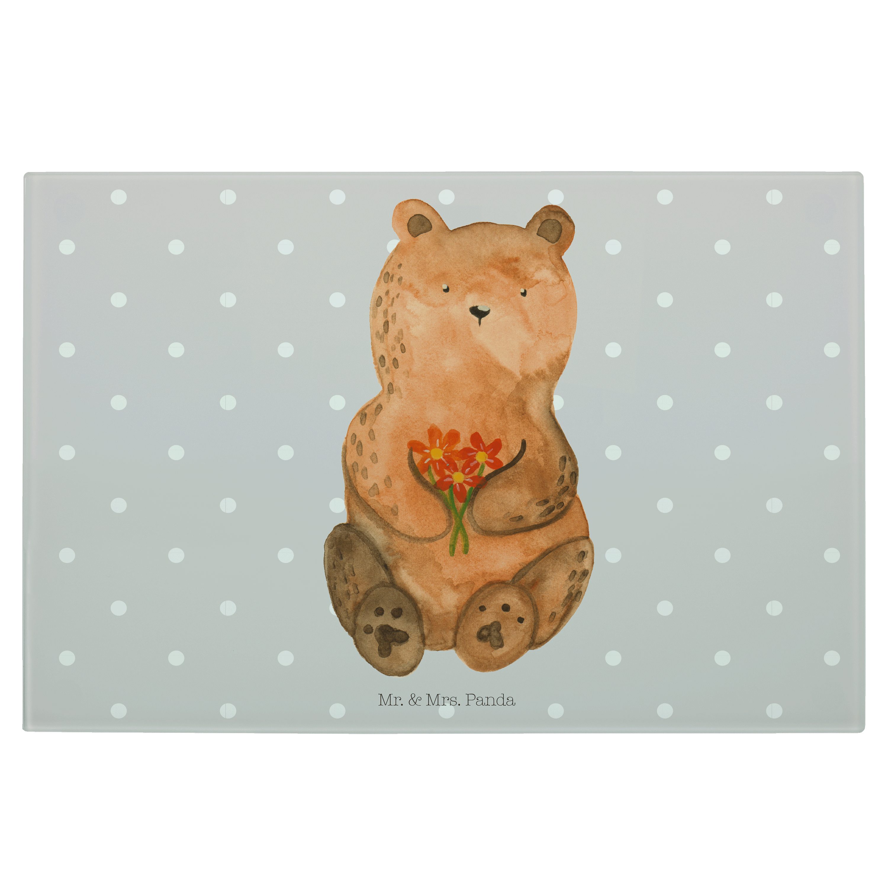 Mr. & Mrs. Panda Pastell - (1-St) Schneidebrett, Grau - T, Dankbär Teddybär, Geschenk, Servierbrett Glas, Premium Blumen