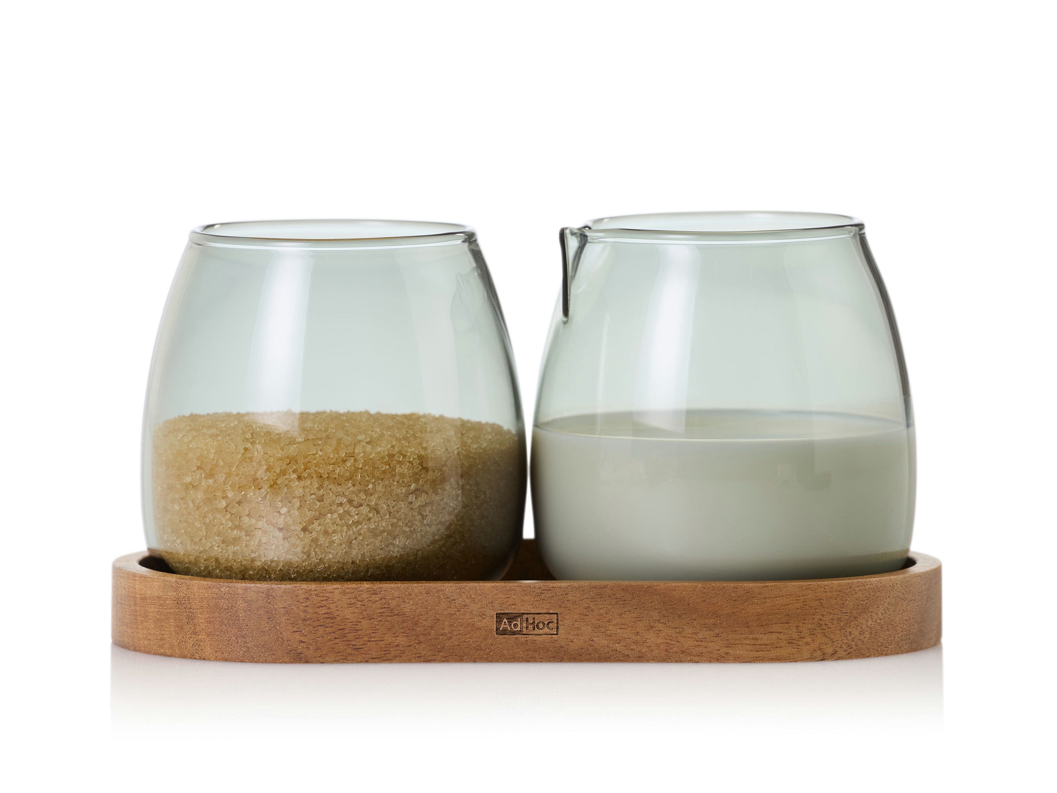 AdHoc Milchkännchen und Zuckerdose Yuna im Set mit Untersetzer, 0,23 l, (3-St), Holz & Borosilikatglas, mundgeblasenes Unikat in Rauchgrau