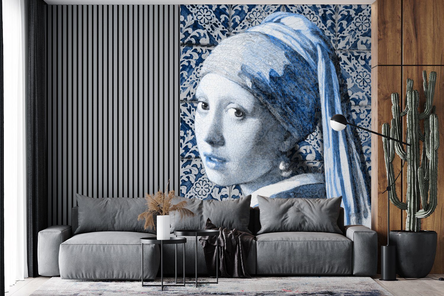Perlenohrring Blau Mädchen MuchoWow Vinyl einem bedruckt, Delfter - St), Alte Wohnzimmer, - mit Wandtapete Montagefertig Fototapete Meister, Tapete Matt, für (4