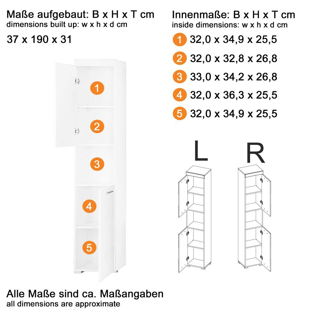 B/H/T: in cm Lomadox 37/190/31 ALTENA-19 Hochglanz, Hochschrank ca. Badschrank Grau